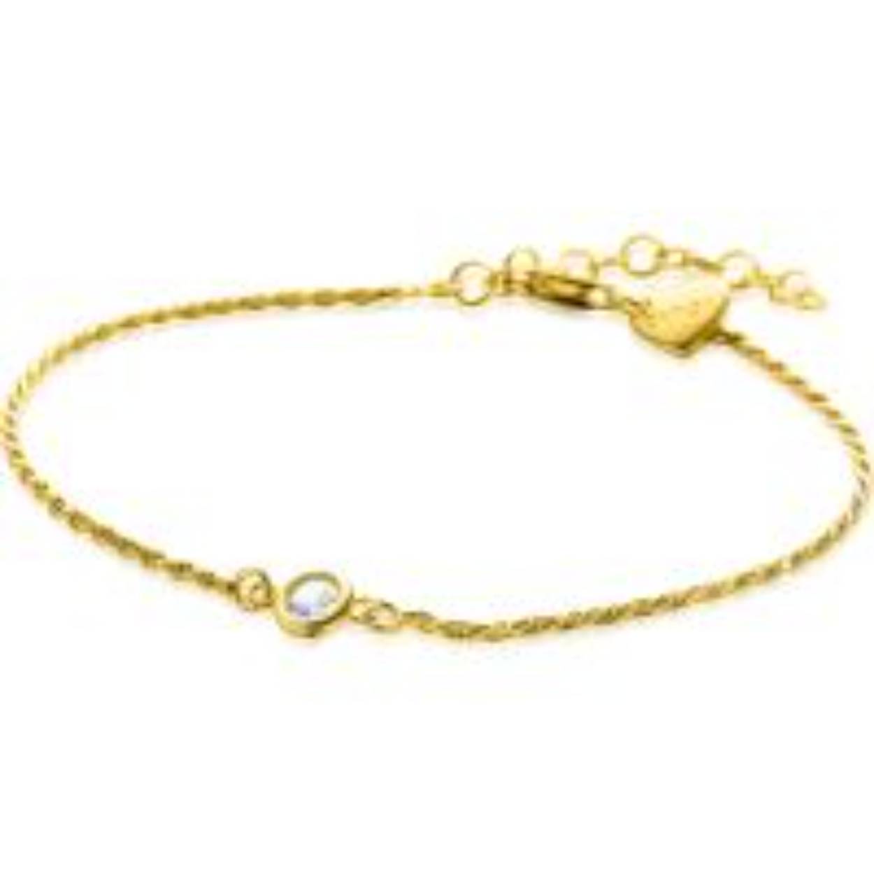 ZINZI gold plated zilveren koord armband bezet met een ronde witte zirconia.  De lengte van de armband is te variëren tussen 17cm en 20cm. De armband is vervaardigd van eerste gehalte zilver (925) en extra geel verguld.