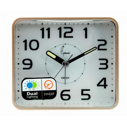 Wekker quartz met alarm: crescendo bip alarm - Snooze functie - Licht functie - Geruisloze secondenwijzer - Lichtgevende wijzers - Kleur: rosé - Afmetingen: 106 mm x 41 mm x 92 mm