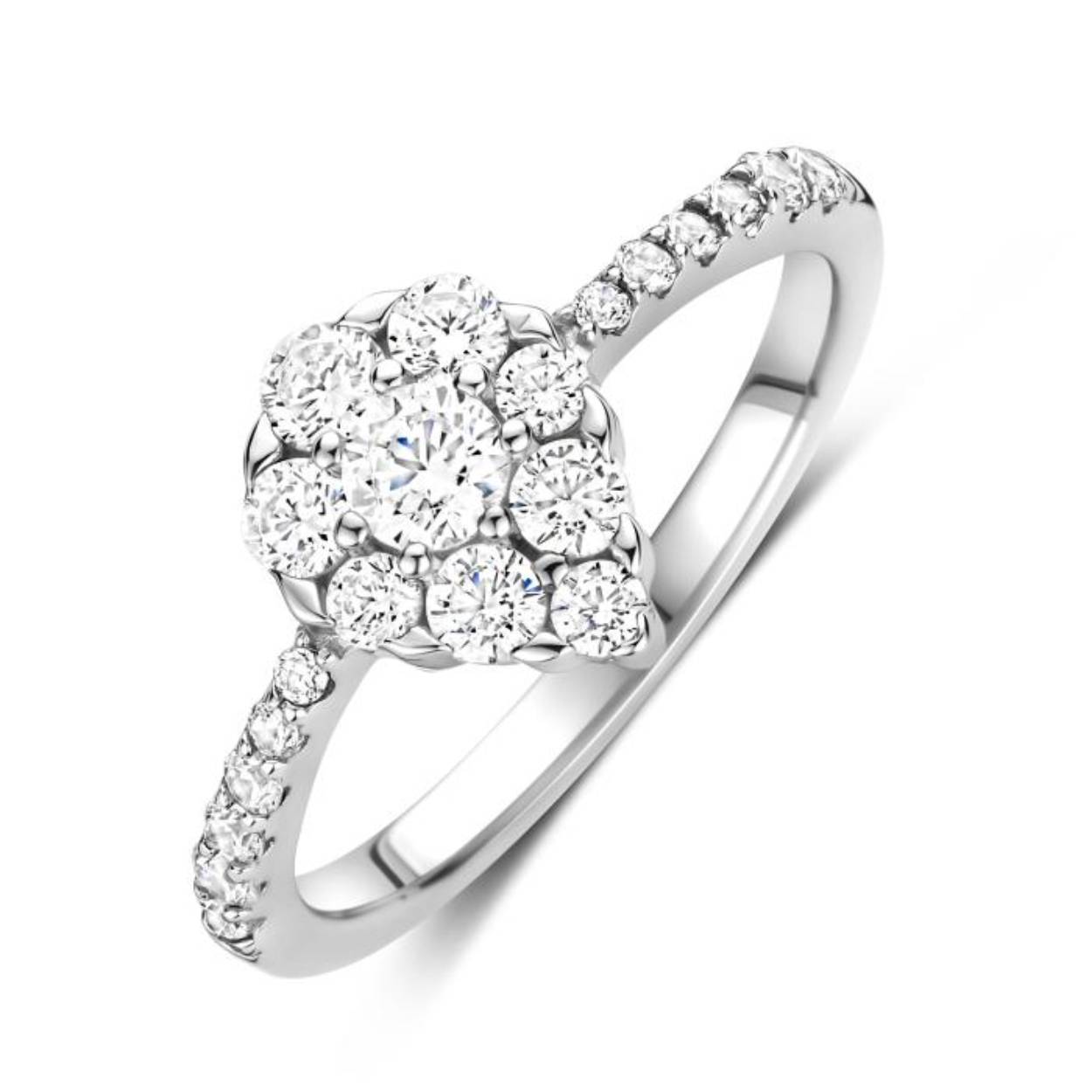 De ring is vervaardigd uit zilver met zirkonium. De ring is gezet in bloemmotief en stenen op de band van de ring.