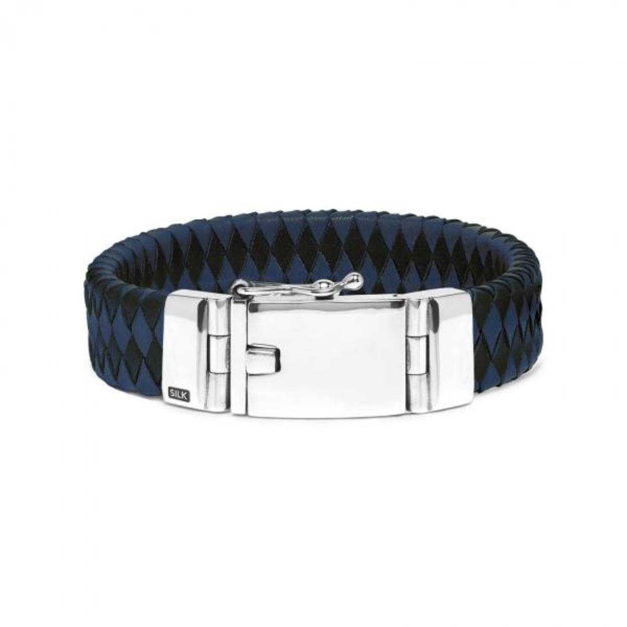 Leren band in 2 kleuren, zwart en blauw, met een zilveren bakslot