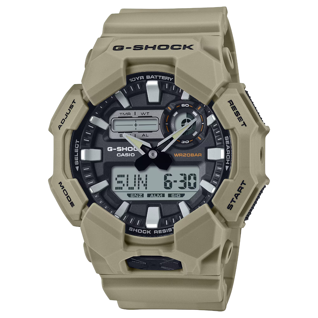 Geniet van een leven met minder batterijwisselingen met een G-SHOCK met grote kast en een batterij die 10 jaar meegaat. Daar hoef je je in elk geval voorlopig geen zorgen over te maken.

De analoog-digitale GA-010 biedt handige functies zoals de wereldtijd en een stopwatch, evenals een zeer helder ledlicht, dat gemakkelijk toegankelijk is met de grote knop aan de voorkant van de kast, zodat je zelfs in het donker goed kunt zien.

Deze G-SHOCK is gemaakt van hars van biologische oorsprong en is uitgerust met een batterij die 10 jaar meegaat. Dit is een geweldige G-SHOCK als je de impact op het milieu wilt beperken.

Beschikbaar in een selectie op zwart gebaseerde kleurenschema's voor een cool ontwerp dat gemakkelijk past in zowel informele settings als werksituaties.