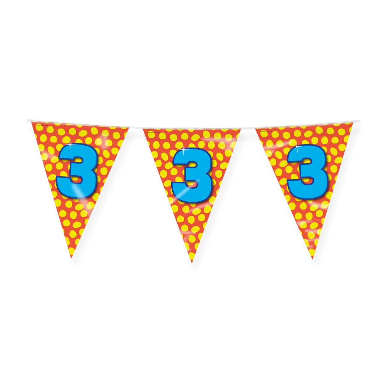 De Happy folieslinger met opdruk 3 maakt een bijzondere dag nog specialer! Dubbelzijdig bedrukt om de gelukkige gelegenheid te benadrukken. Onze driehoekige en puntige vlaggen hebben een totale lengte van 10 m.