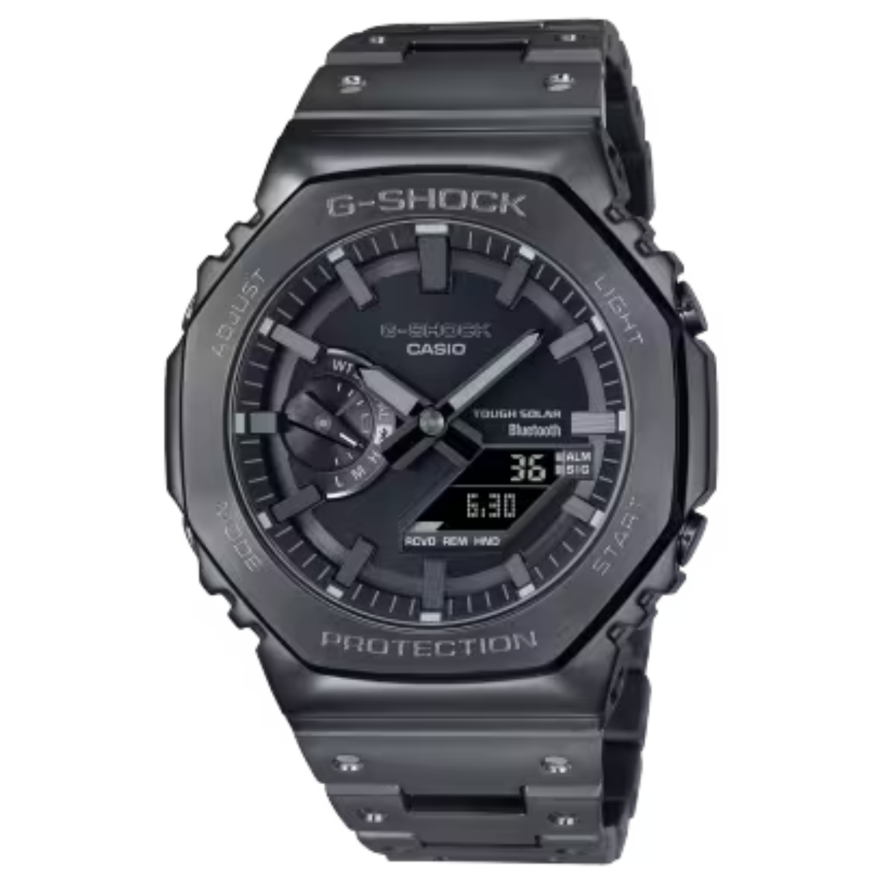 Het eerste volledig metalen horloge in de zich steeds verder ontwikkelende 2100-serie weerspiegelt de identiteit van de allereerste G-SHOCK DW-5000C als geen ander.

Met zijn verschroefde behuizing en roestvrijstalen lunette en armband heeft dit horloge een zeer hoogwaardig design, waarbij de module wordt beschermd door de iconische schokbestendige G-SHOCK-structuur van de behuizing. Met de achthoekige bezel en het gebogen bandontwerp van het origineel uit 1983 roepen we het begin van G-SHOCK in herinnering.

Het hoogwaardige productieproces van het analoog-digitale horloge maakt een vlakke vormgeving mogelijk en biedt toch een groot aantal belangrijke functies en een zeer hoog draagcomfort.
Als een connected horloge koppelt het horloge met een smartphone via Bluetooth®. Tik gewoon op de bijbehorende app om de tijd nauwkeurig bij te houden of andere functies te bedienen. De GM-B2100 serie is uitgerust met de milieuvriendelijke Tough Solar technologie, die alle functies, zoals de heldere LED verlichting, alarm of countdown timer, van stroom voorziet. Hij overtuigt niet alleen door zijn design en hoogwaardige afwerking, maar ook door zijn uitzonderljijke gebruiksvriendelijkheid.