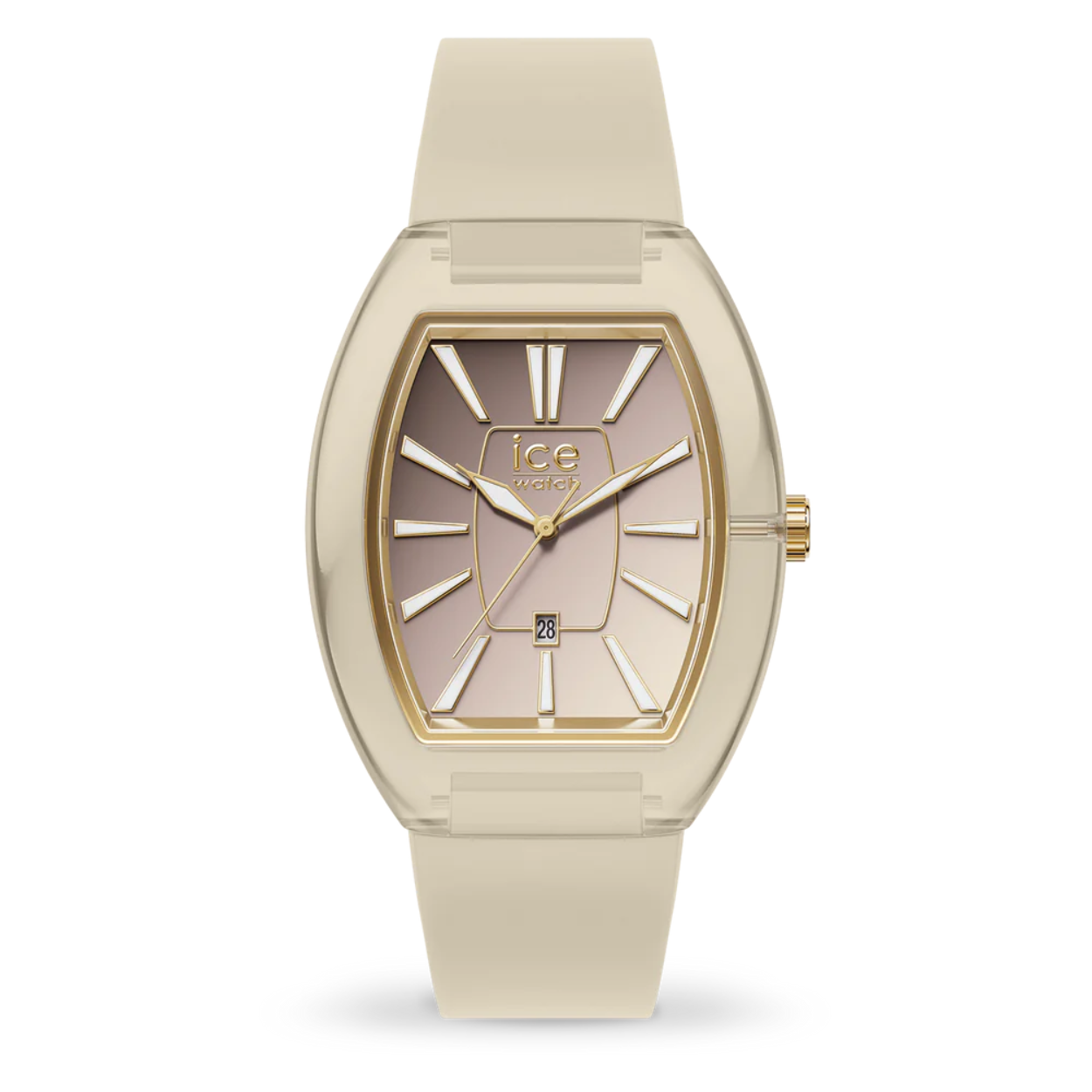 Op zoek naar een stijlvolle en trendy horloge? Dan is de ICE WATCH ICE BOLIDAY - DOME - ALMOND SKIN SUNSET - SMALL - 024039 de perfecte keuze voor jou! Dit prachtige horloge heeft een analoge tijdaanduiding en een quartz uurwerk, waardoor je altijd de juiste tijd bij de hand hebt.

Met een diameter van 35 mm en een hoogte van 10 mm heeft dit horloge een elegant en subtiel design. De vorm van de behuizing is tonneau en de kleur van de behuizing is transparant, waardoor het horloge een moderne uitstraling heeft. De behuizing is gemaakt van hoogwaardig kunststof, wat zorgt voor duurzaamheid en comfort.

De wijzerplaat van dit horloge is multicolor en het glas is gemaakt van mineraal, waardoor het horloge goed beschermd is tegen krassen en beschadigingen. De band van het horloge is beige van kleur en gemaakt van siliconen, wat zorgt voor een comfortabele pasvorm.

Dit horloge is voorzien van een datumweergave, zodat je altijd op de hoogte bent van de datum. Daarnaast is het horloge waterdicht tot 5 bar, wat betekent dat je er mee kunt douchen zonder zorgen te maken over waterschade.