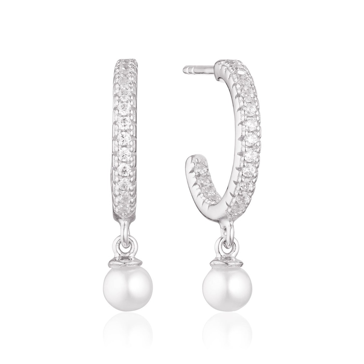 Earrings made of 925 Sterling silver with rhodium, polished surface, facet cut white zirconia and lustrous freshwater pearl.

Earrings measurements: Diameter 15 mm, width 2 mm, thickness 2 mm