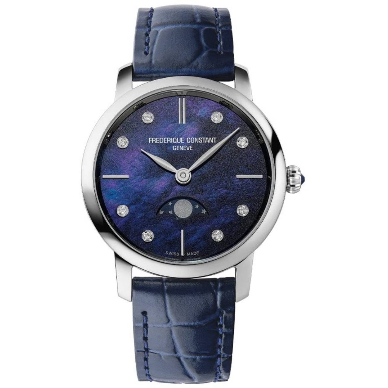 De Classics Slimline Ladies Moonphase met referentienummer FC-206MPND1S3B is een opvallend model binnen deze collectie. De elegante wijzerplaat met maanfaseweergave is een echte blikvanger en benadrukt de gratie van dit horloge. De verfijnde details, zoals het guillochédecor en de fonkelende diamanten, maken dit horloge tot een waar kunstwerk.