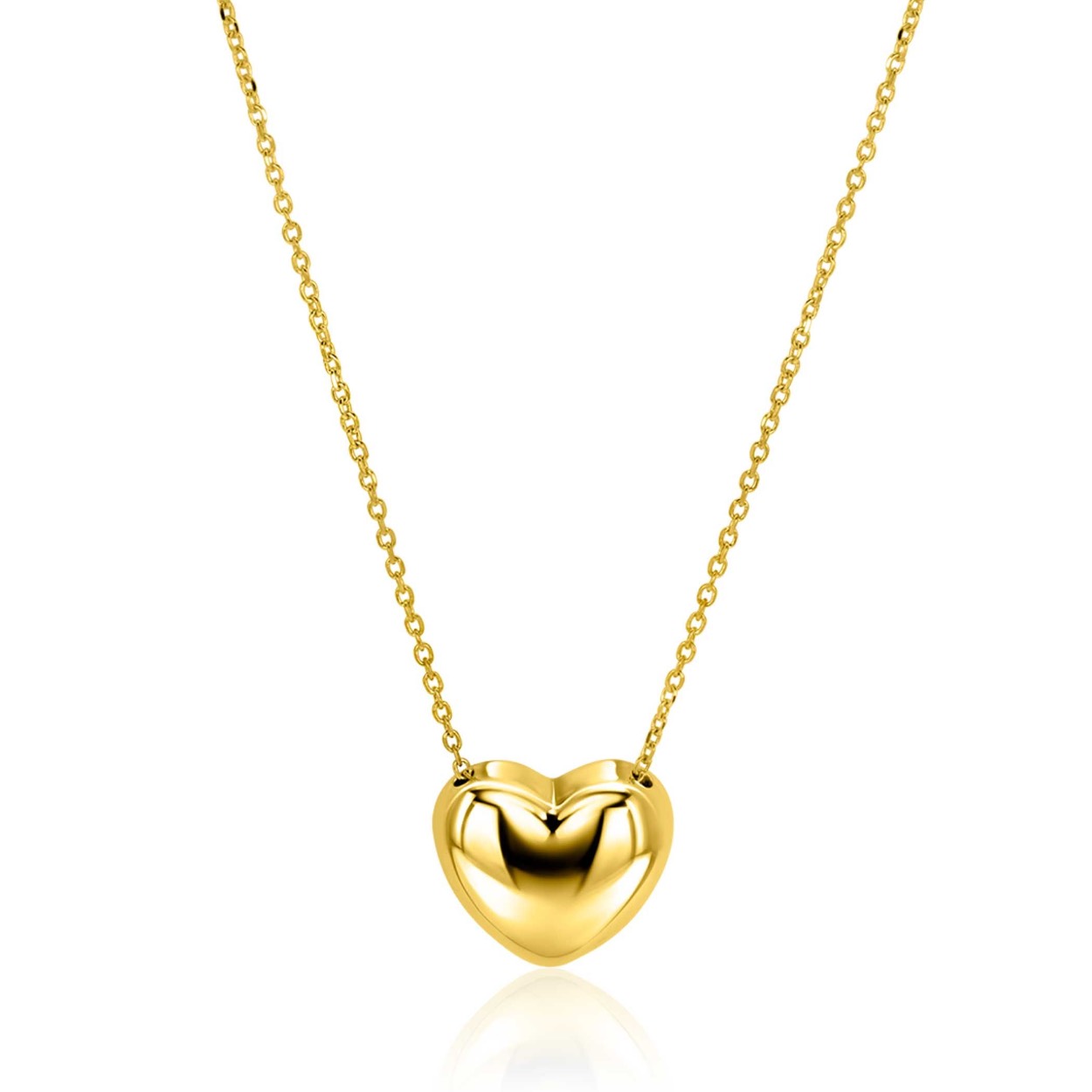 ZINZI gold plated zilveren ketting met luxe groot hart (15mm). Het hart is bol aan de bovenkant en plat aan de achterkant, waardoor het mooi ligt op de hals. De lengte van de ketting is te variëren tussen 40cm en 45cm. De ketting is vervaardigd van eerste gehalte zilver (925) en extra geel verguld.