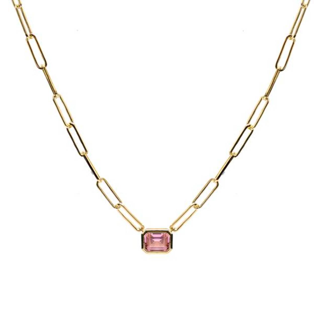 Collier paprclip schakel met rose steen, zilver verguld