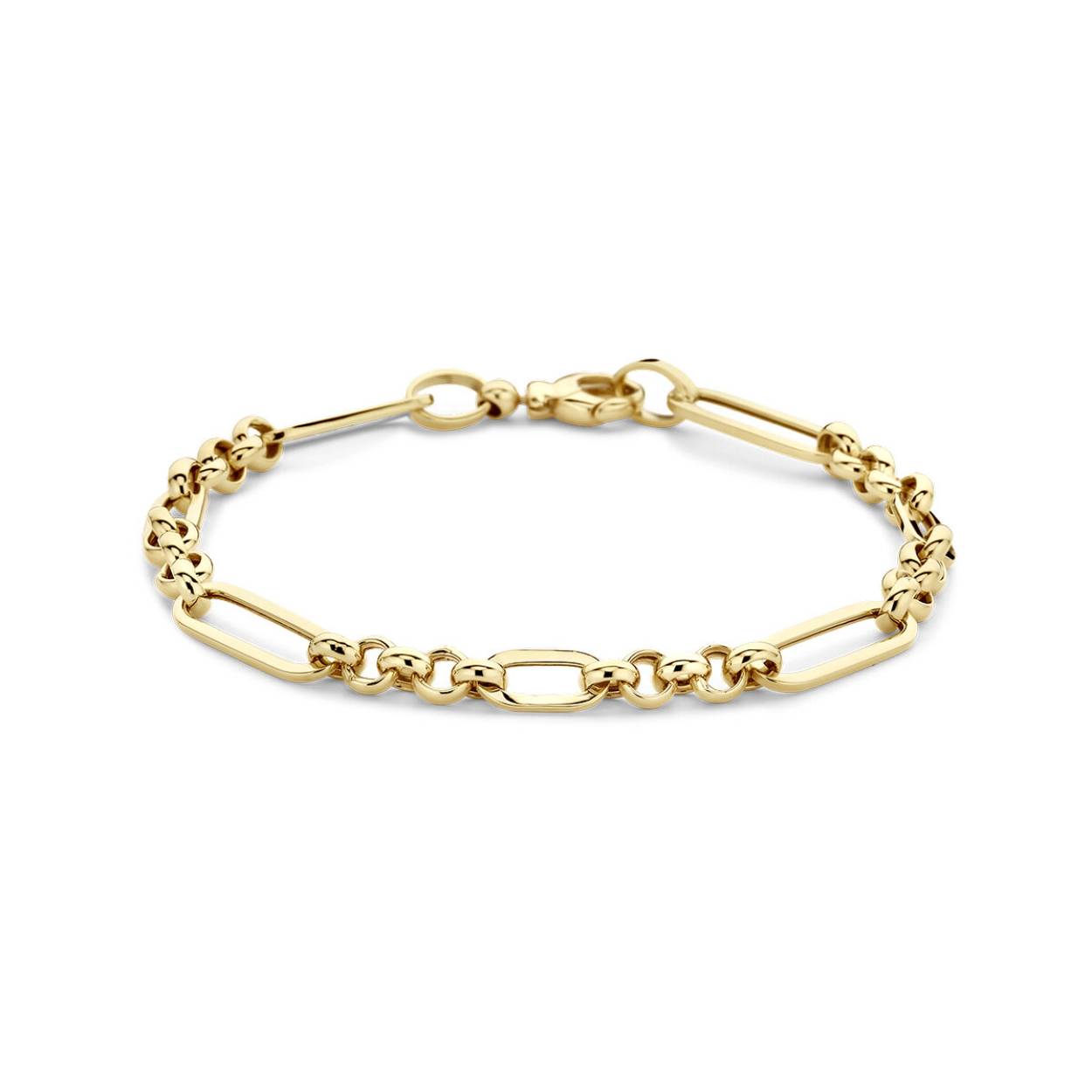 14krt geelgouden fantasie jasseron/paperclip armband met schakelbreedtes van 4.7mm, 5.0mm en 5.7mm. De armband heeft een draaglengte van 19cm. Uitgevoerd met een karabijn sluiting.

Referentienummer: THOJ3411