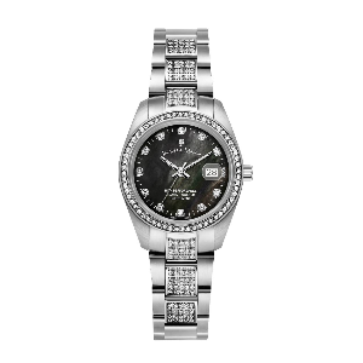 Dames horloge met stalen band bezet met steentjes.