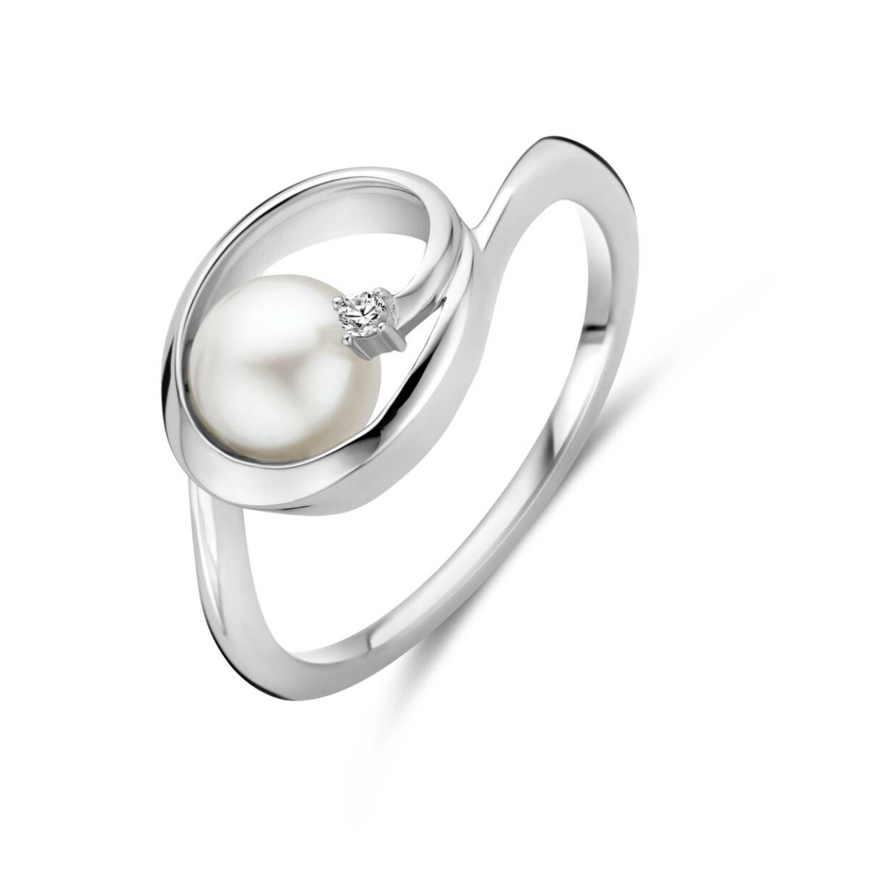 Zilveren ring met een parel en zirkonia steen in maat 17 1/4