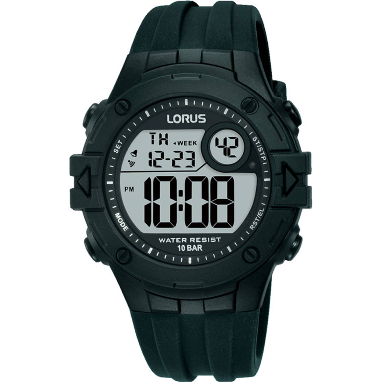 Dit is een herenhorloge van het merk Lorus. Het is een digitaal horloge gemaakt van kunststof. De diameter van de kast is 40 mm mm en de kast is 15 mm mm dik.