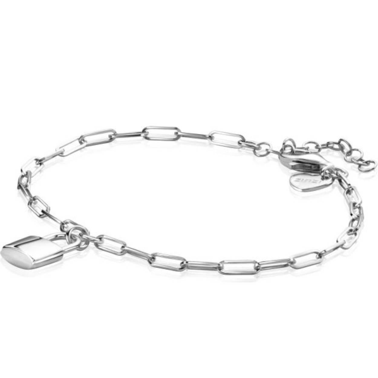ZINZI zilveren paperclip schakelarmband met bungelend trendy glimmend slotje als bedeltje. Met herkenbaar Zinzi hartje bij de sluiting. De lengte van de armband is te variëren tussen 16,5 en 19,5cm. De armband is vervaardigd van eerste gehalte zilver (925) en voorzien van een extra rodiumlaag voor een langdurige glans.