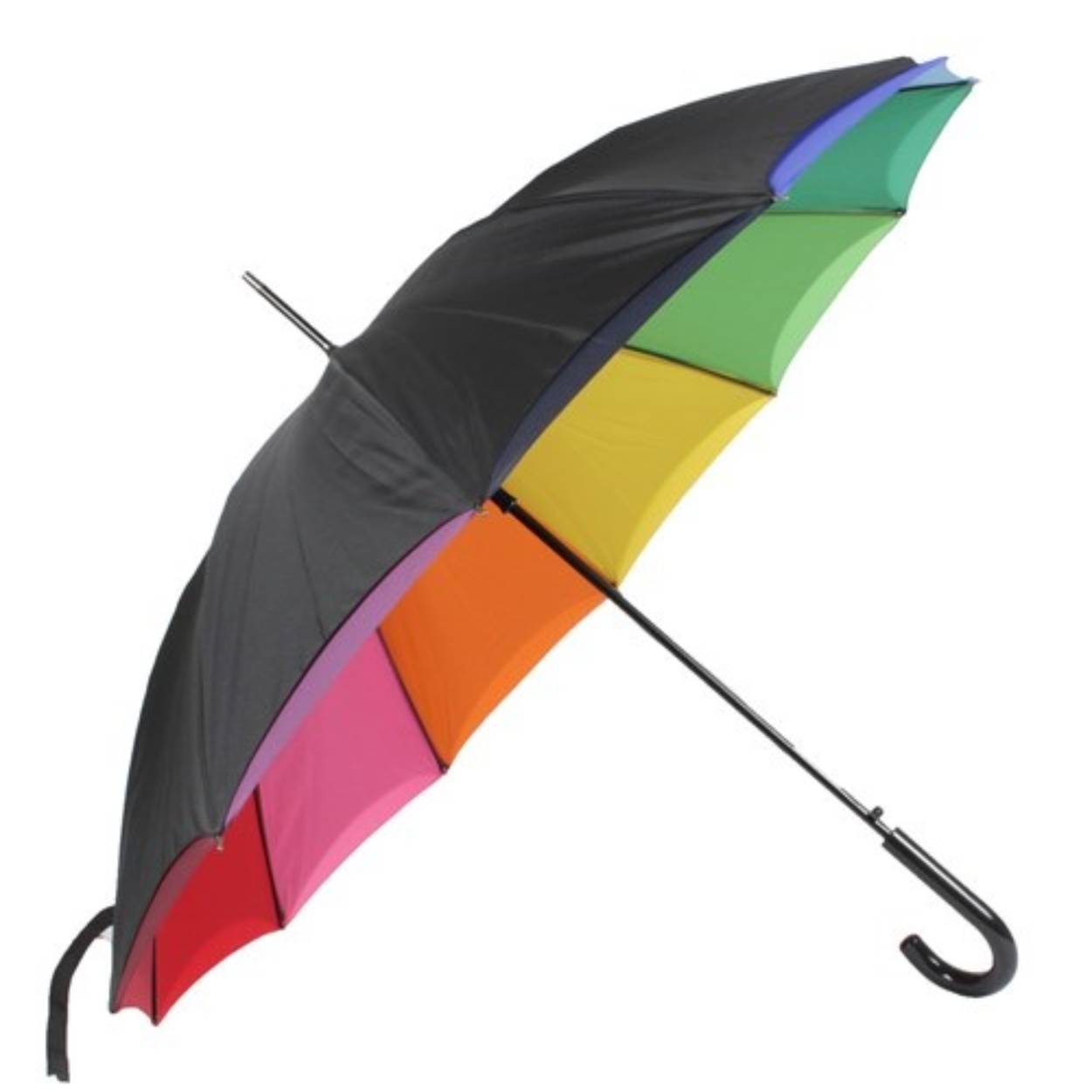 Paraplu met een zwarte buitenkant maar regenboog kleuren aan de binnenkant