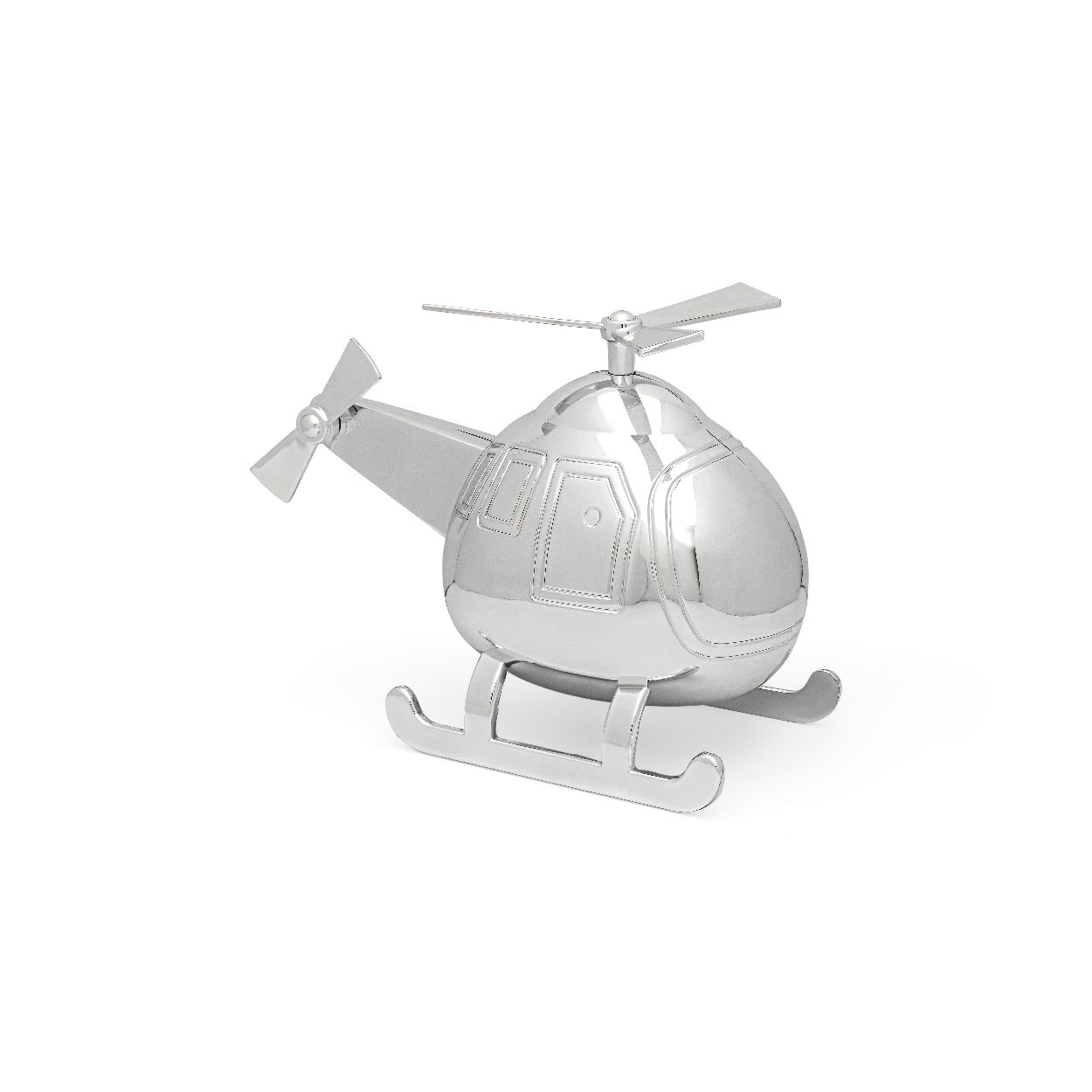 Deze zilveren spaarpot is van het merk Zilverstad. De spaarpot is in de vorm van een helikopter.