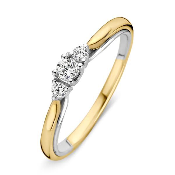 Excellent Jewelry 14krt gouden Ring bicolor briljant 0,19 crt. Maat 56
Caraat diamant totaal: 0.19 crt
Kwaliteit diamant: H/SI-1 (Wesselton)
Samenstelling stenen: Middensteen 0.12 crt