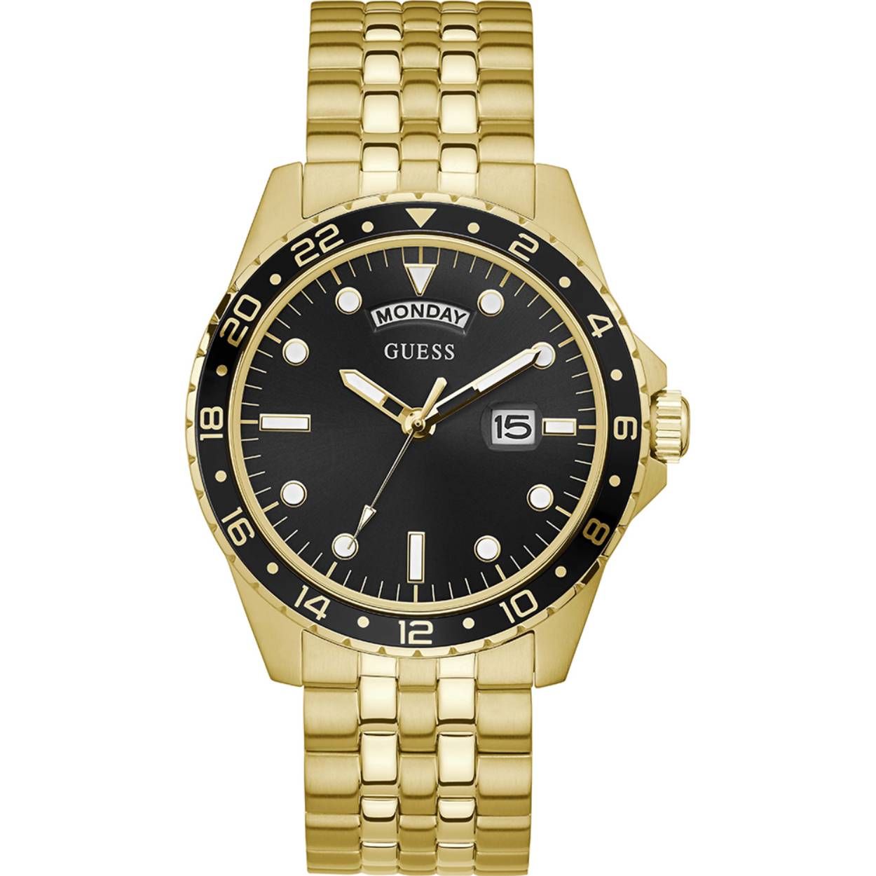 Dit Guess heren horloge uit de serie COMET is robuust, tijdloos en chique. Dit goudkleurige model heeft een clean zwarte wijzerplaat en is voorzien van dag en datum aanduiding. De goudkleurige schakelband sluit eenvoudig met een vouwsluiting.Een horloge voor de mode bewuste man.