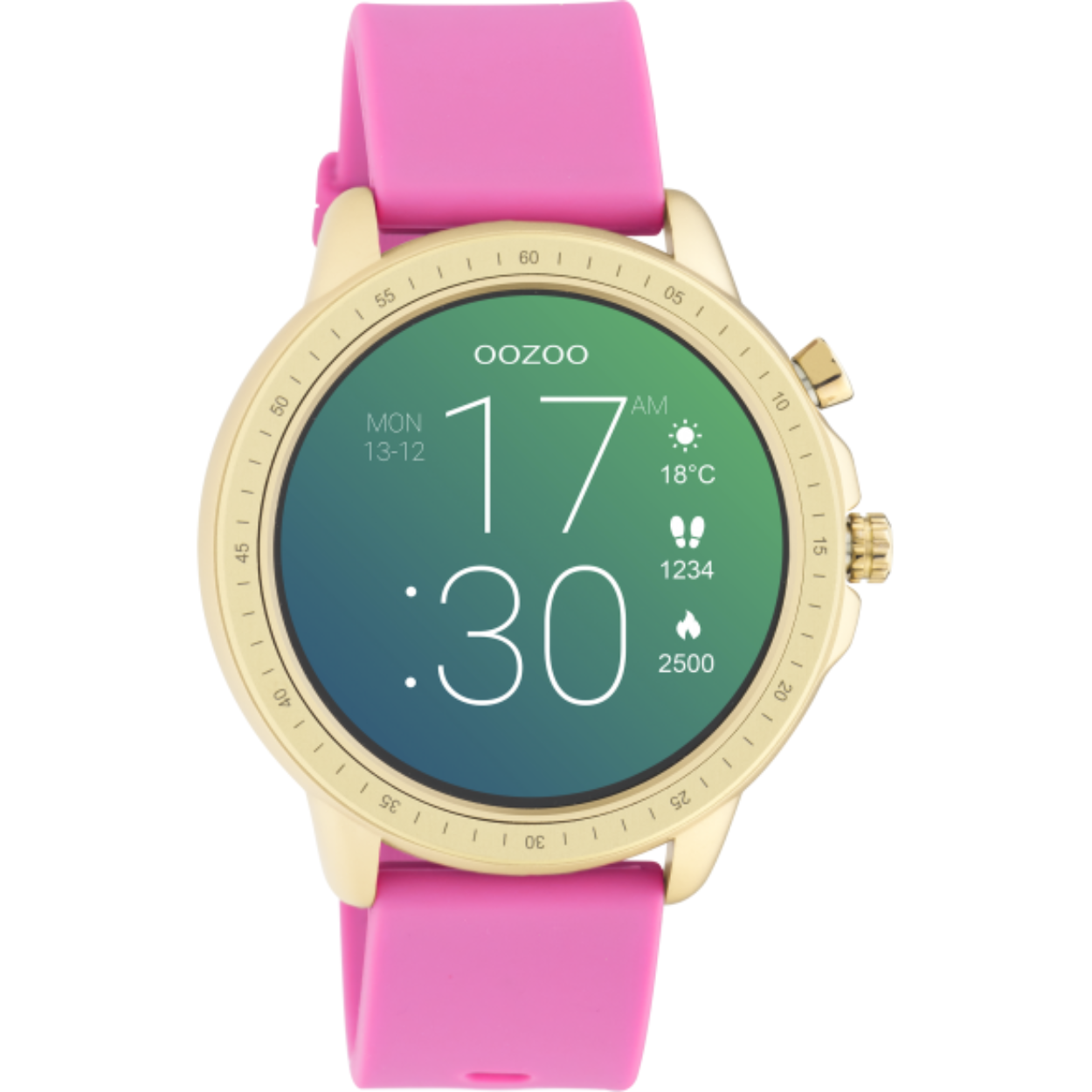 De horloges van deze digitale collectie hebben een rond design en originele OOZOO wijzerplaten. Deze unisex smartwatch is de slimme oplossing voor iedereen. De goud kleurige horlogekast, sterke raspberry roze rubber horlogeband en IP67 certificering