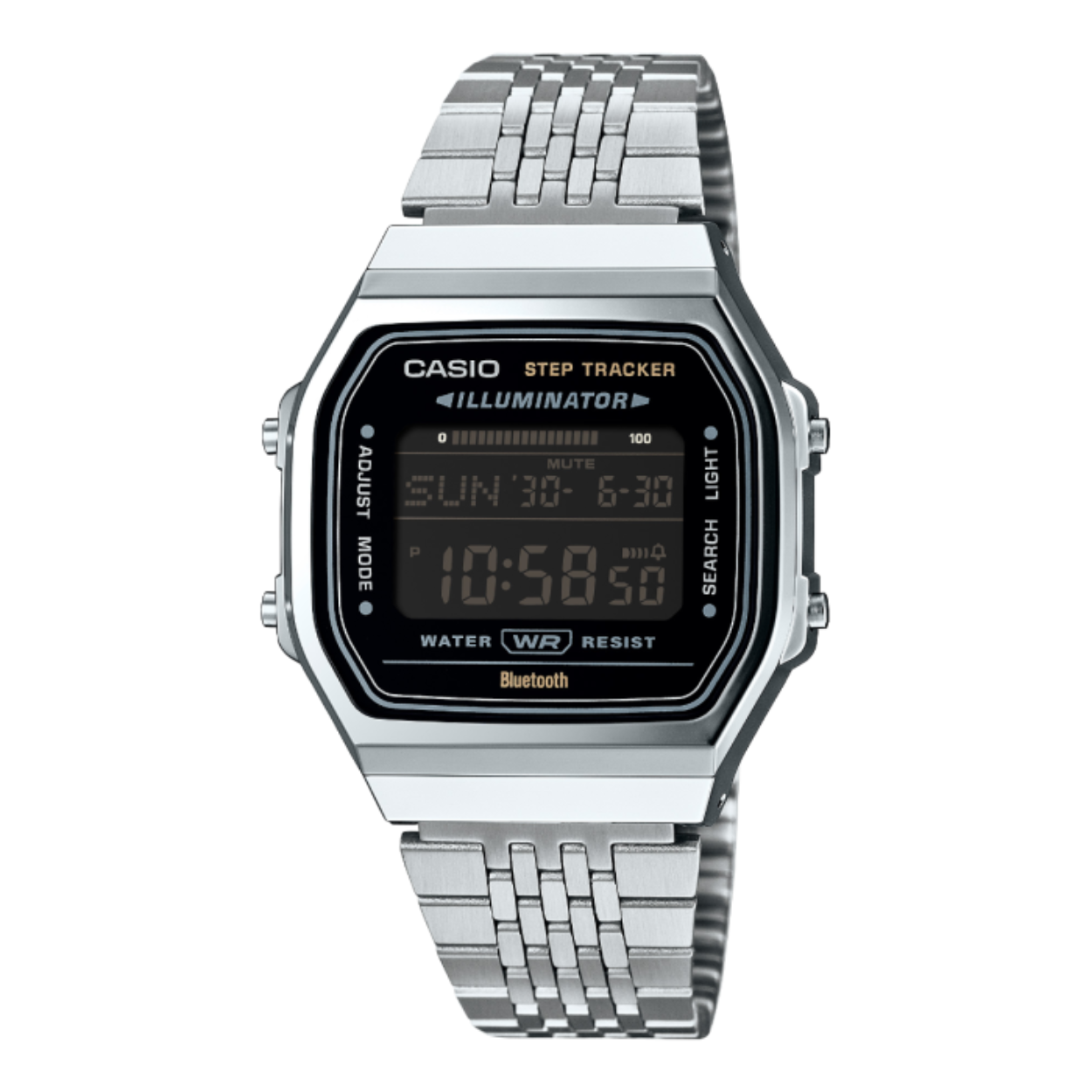 De eenvoudige kast is een klassiek ontwerp met een look-back-vibe en vormt een aanvulling op de metalen armband met meerdere rijen en een platte constructie voor een comfortabele pasvorm.

Maar laat de vintage look je niet voor de gek houden. Het horloge zit boordevol superhandige technologie om je gezondheidsbewuste levensstijl te ondersteunen. 

De ingebouwde sensor detecteert lichaamsbewegingen en telt automatisch de stappen. Controleer eenvoudig het aantal stappen dat je die dag hebt gezet op het lcd-scherm. Met de smartphone-koppeling via Bluetooth® wordt de tijd automatisch gecorrigeerd en kunnen verschillende horlogefuncties van de app eenvoudig worden geconfigureerd. Zet het aantal stappen en andere gegevens die op het horloge worden bijgehouden over en bekijk deze op je telefoon. Gebruik het logboek met leef-gegevens om je gezondheid elke dag te beheren.