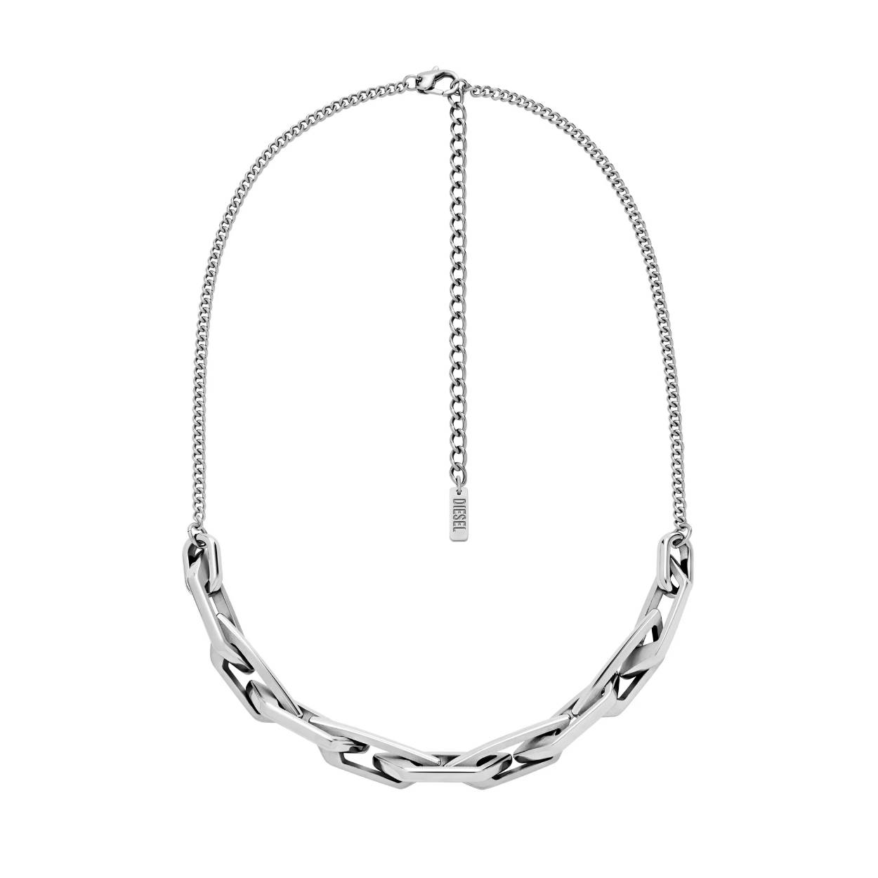 Diesel's stainless steel chain necklace features the D logo with a lobster clasp closure. This edgy design is perfect for anyone wanting to make a bold statement.

- Jewellery Material: Stainless Steel
- Jewellery Colour: Silver
- Jewellery Closure: Lobster Clasp