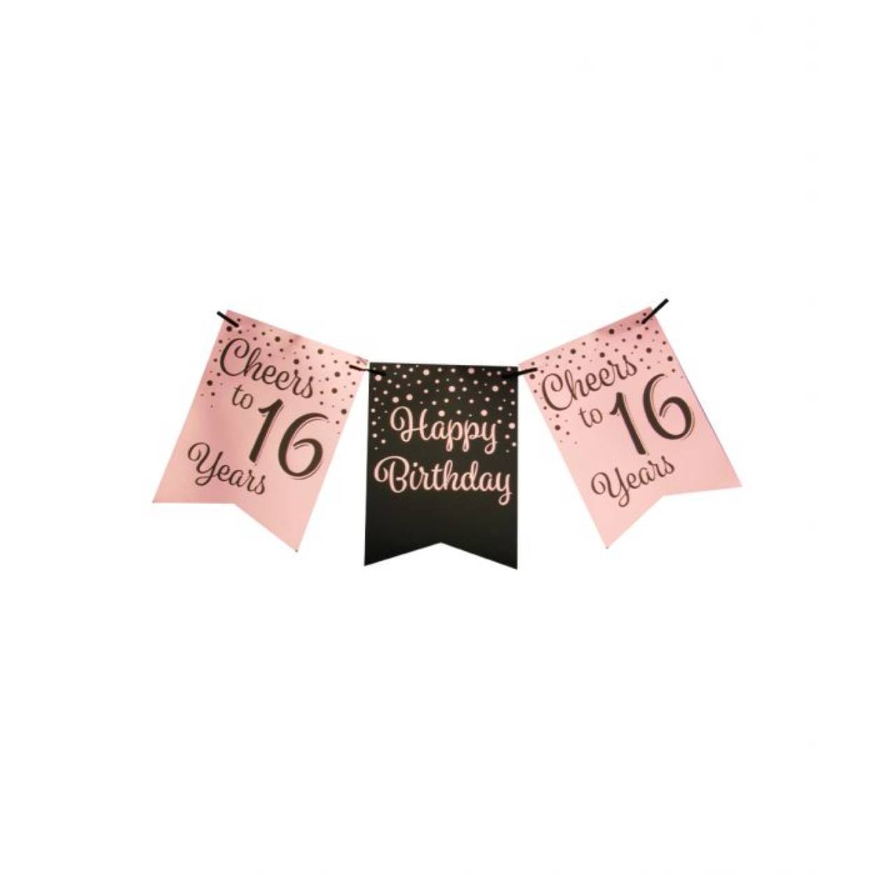De rose/black party flag banners maken goede sier op een feestje zoals bijvoorbeeld een jubileum, maar ook op een verjaardagsfeest zoals deze rose/black party flag banner met opdruk 16. Door de gebruikte kleuren hebben deze flag banners een luxe maar toch feestelijke uitstraling! De vlaggetjes zijn gemaakt van folie met een bedrukking aan beide kanten 