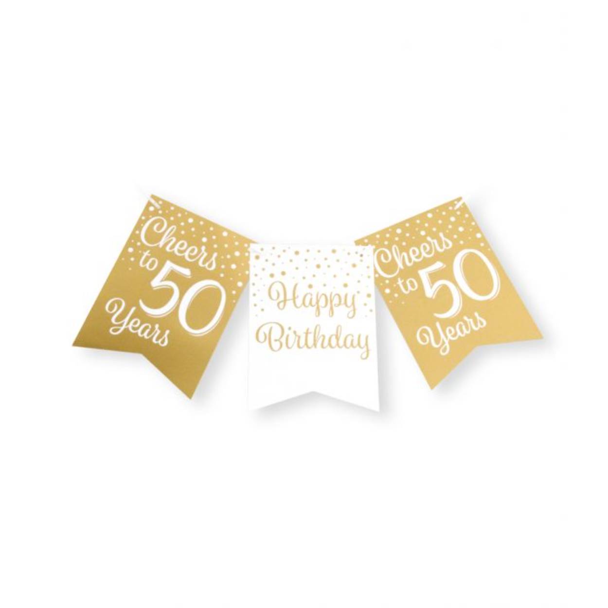 De gold/white party flag banners maken goede sier op een feestje zoals bijvoorbeeld een jubileum, maar ook op een verjaardagsfeest zoals deze gold/white party flag banner met opdruk 50. Door de gebruikte kleuren hebben deze flag banners een luxe maar toch feestelijke uitstraling! De vlaggetjes zijn gemaakt van folie met een bedrukking aan beide kanten
