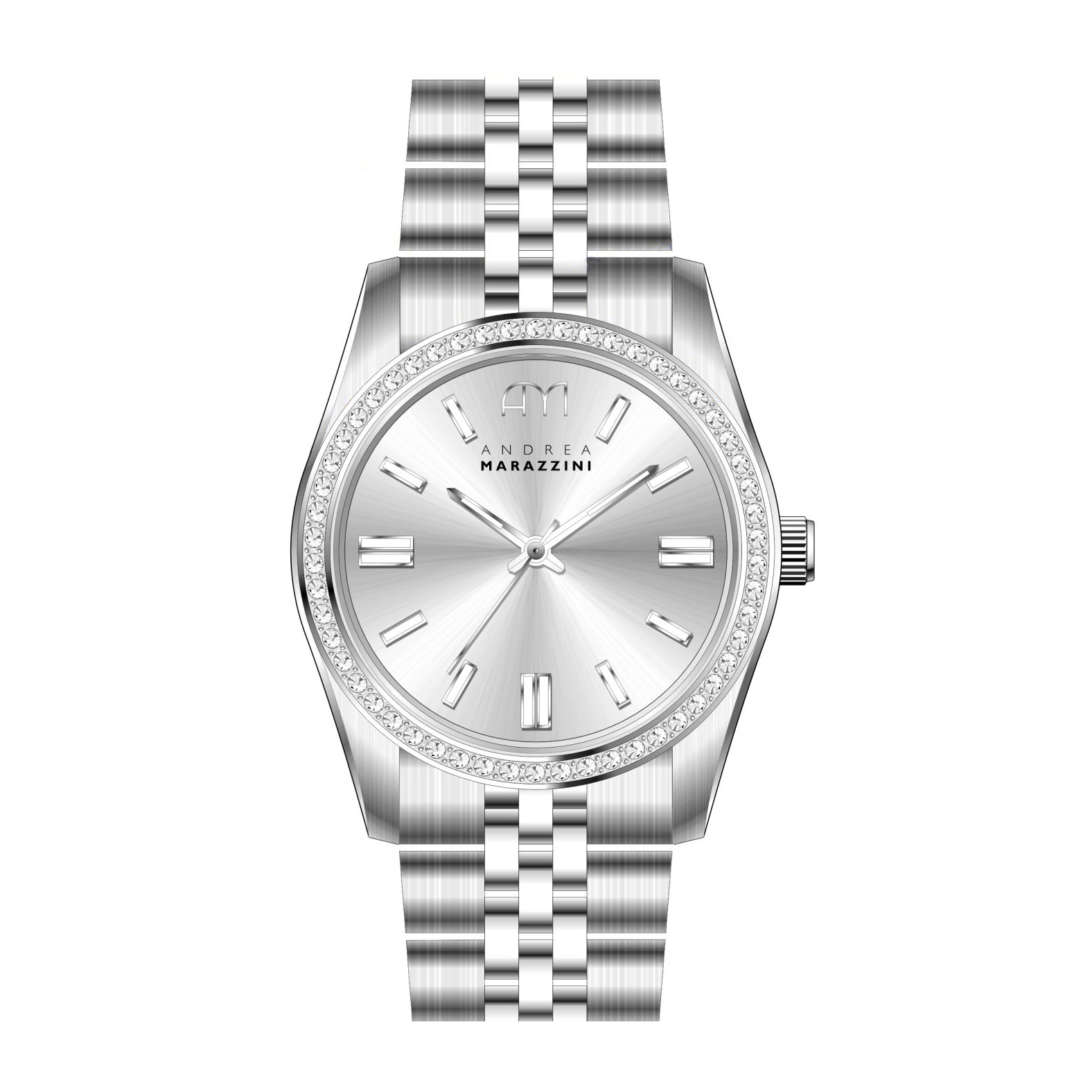 Silver Sunray Dial - Andrea Marazzini Watch van de Prestige Collection.

Glanzende Stainless Steel band met witte stenen in het uurwerk.

5 ATM water resistant.