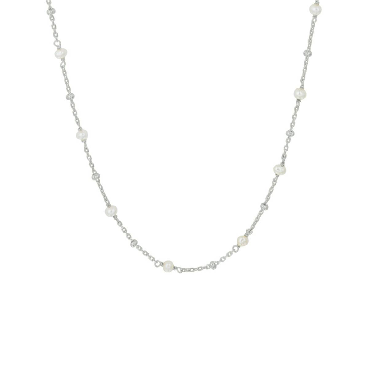 Gerhodineerd 925 zilveren collier uitgevoerd met een witte parel. Het collier heeft een draaglengte van 41cm met een extensie van 4cm. De parel heeft een breedte van 2.5mm. De schakelbreedte is 1.0mm