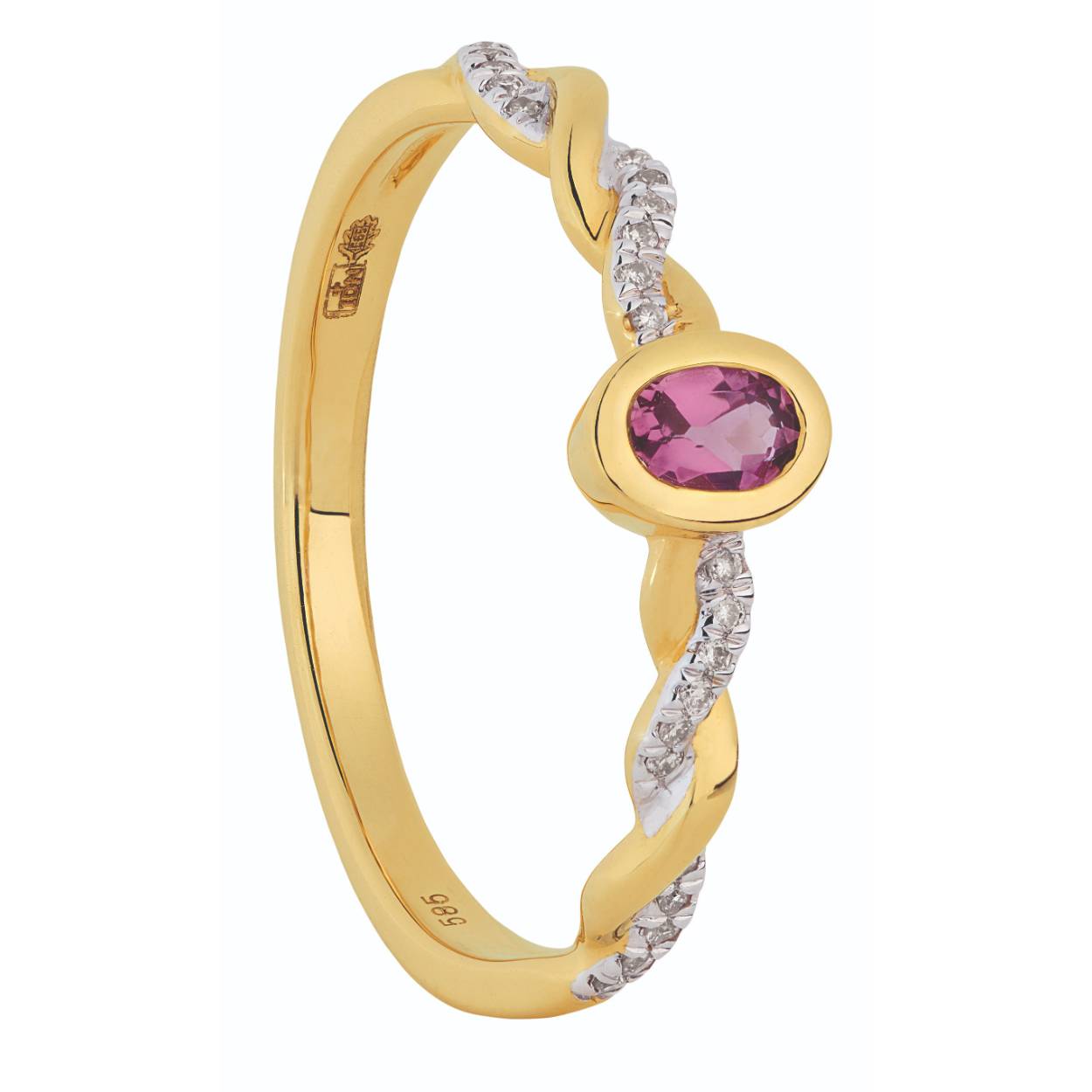 14kt. Geelgouden ring, met 0.15ct toermalijn + diamant TW/SI