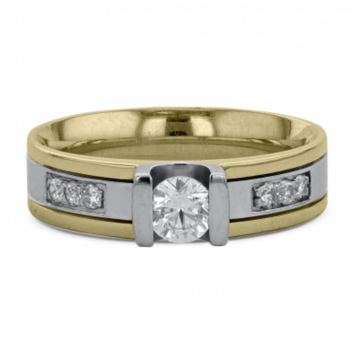 585 bicolor trouwringen 5mm breed, geel/wit/geel. De damesring is gezet met in totaal 0.470ct briljant 7 steens.
Prijs is op aanvraag