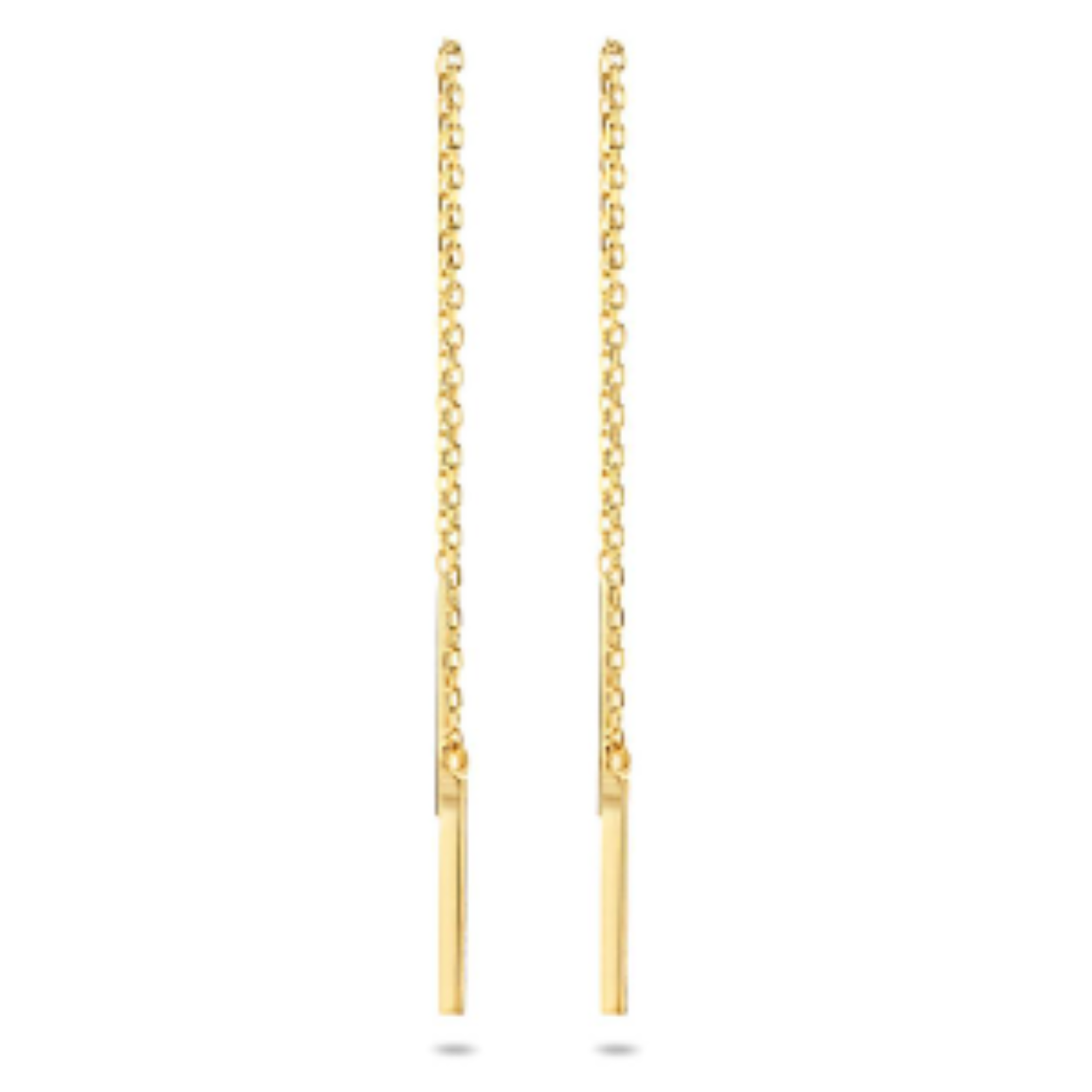 14k Geelgouden doortrekoorbellen uitgevoerd met een balkje. De oorbellen hebben een totale lengte van 7cm. Het balkje heeft een afmeting van 10.5x1mm.