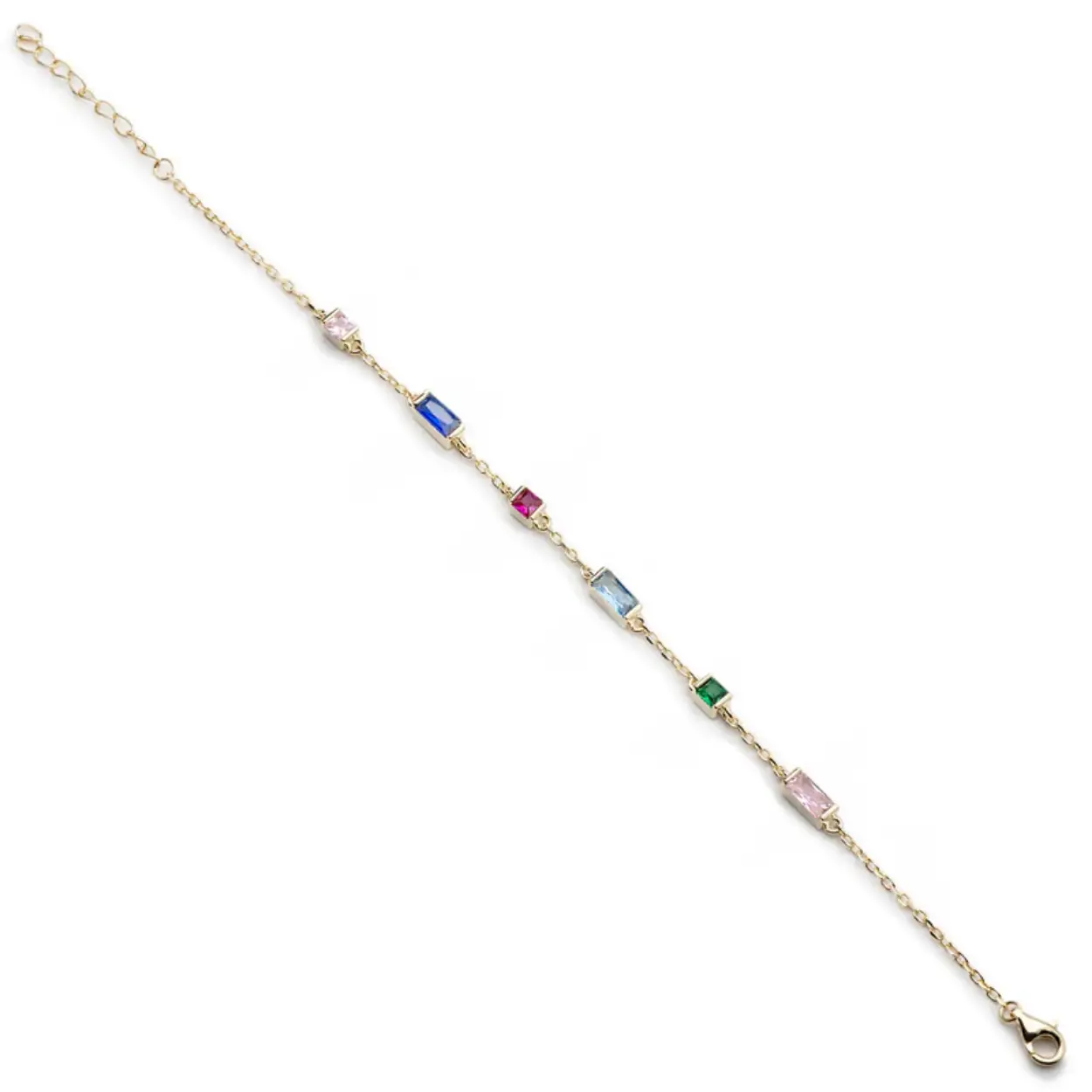 The bracelet with multi-colored gems in various shapes is a work of art that you carry with you. Each gemstone, with its unique color and distinctive shape, intertwines harmoniously to create an explosion of vibrancy on your wrist. The diversity of shapes adds intriguing visual appeal, transforming the bracelet into a feast of colors and textures.
