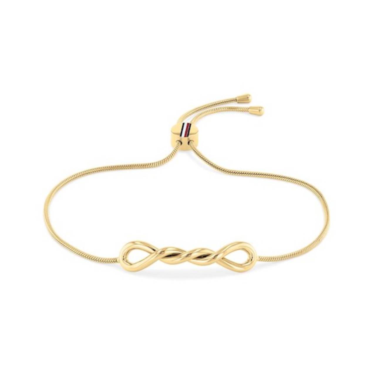 Edelstalen armband met een twist
Verstelbaar dmv trekkoord tot max  21 cm goldplated