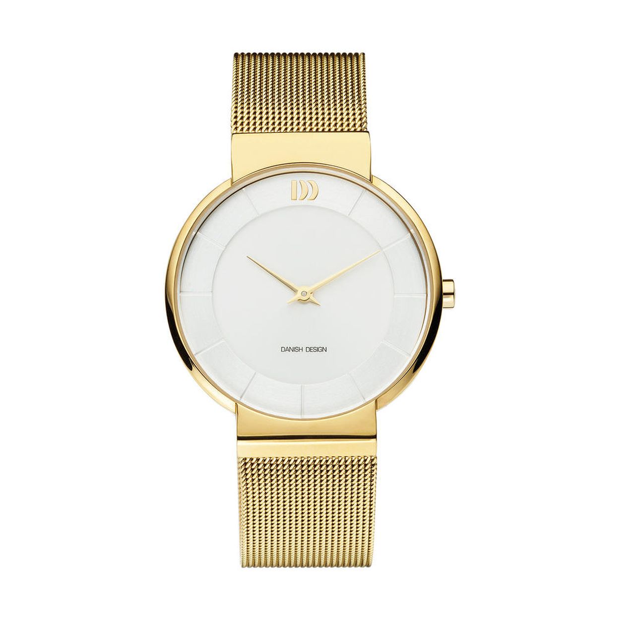 Danish Design horloge dames edelstaal 

- milanese band met verfijnde schakels
- band edelstaal goud
- wijzerplaat wit met witte streepjes
- naadloze aansluiting door vrij verstelbare sluiting
- spat waterdicht: handenwassen, regen
- quartz
- maat kast 32mm