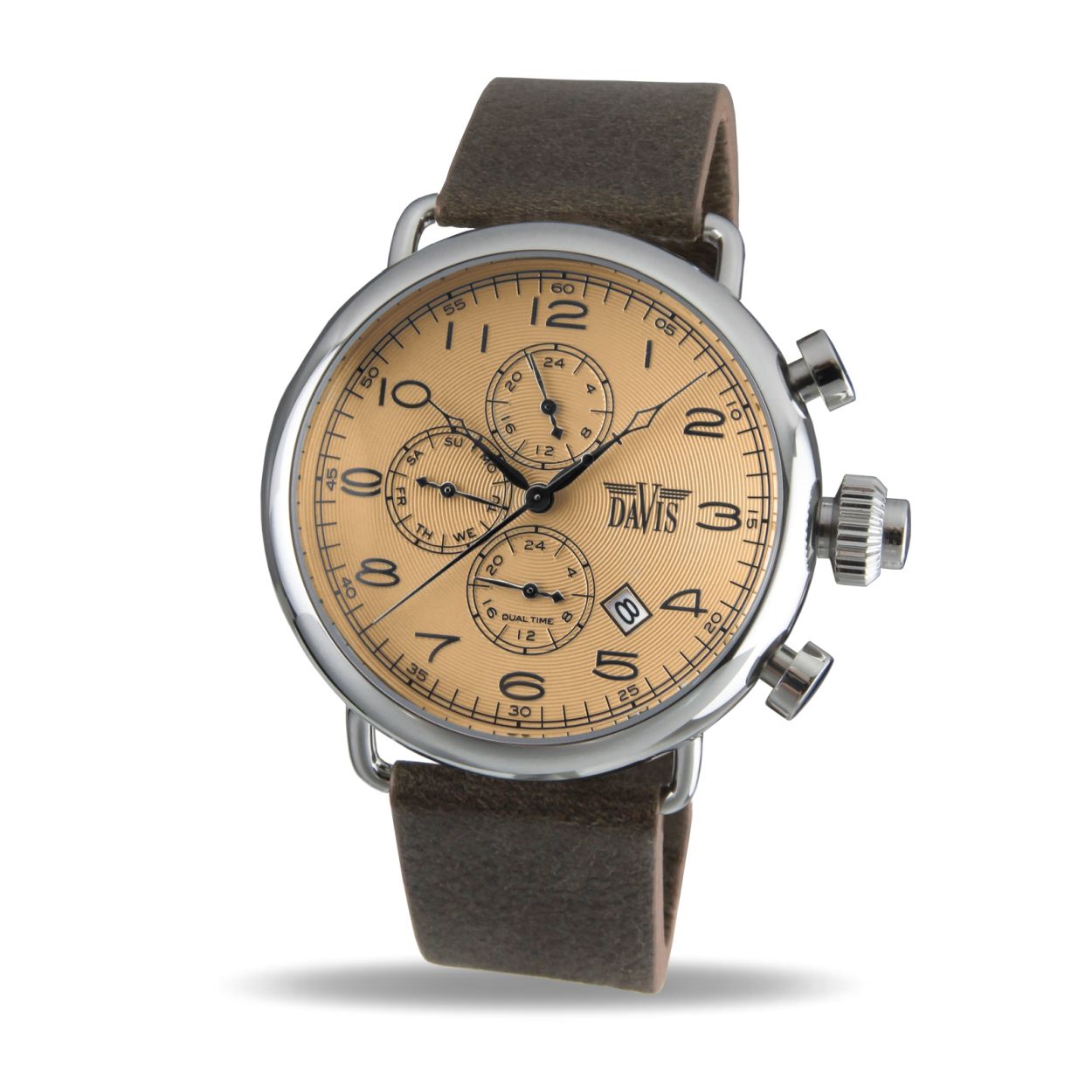 Davis horloge 1932 heren multifunctie edelstaal

- band echt leer bruin
- wijzerplaat bruin met zwarte cijfers (arabisch)
- 24 uurs aanduiding
- datum wijzer
- dagwijzer
- duidelijke tijdsweergave
- quartz
- maat kast 46mm (breedte) 17mm (dikte)