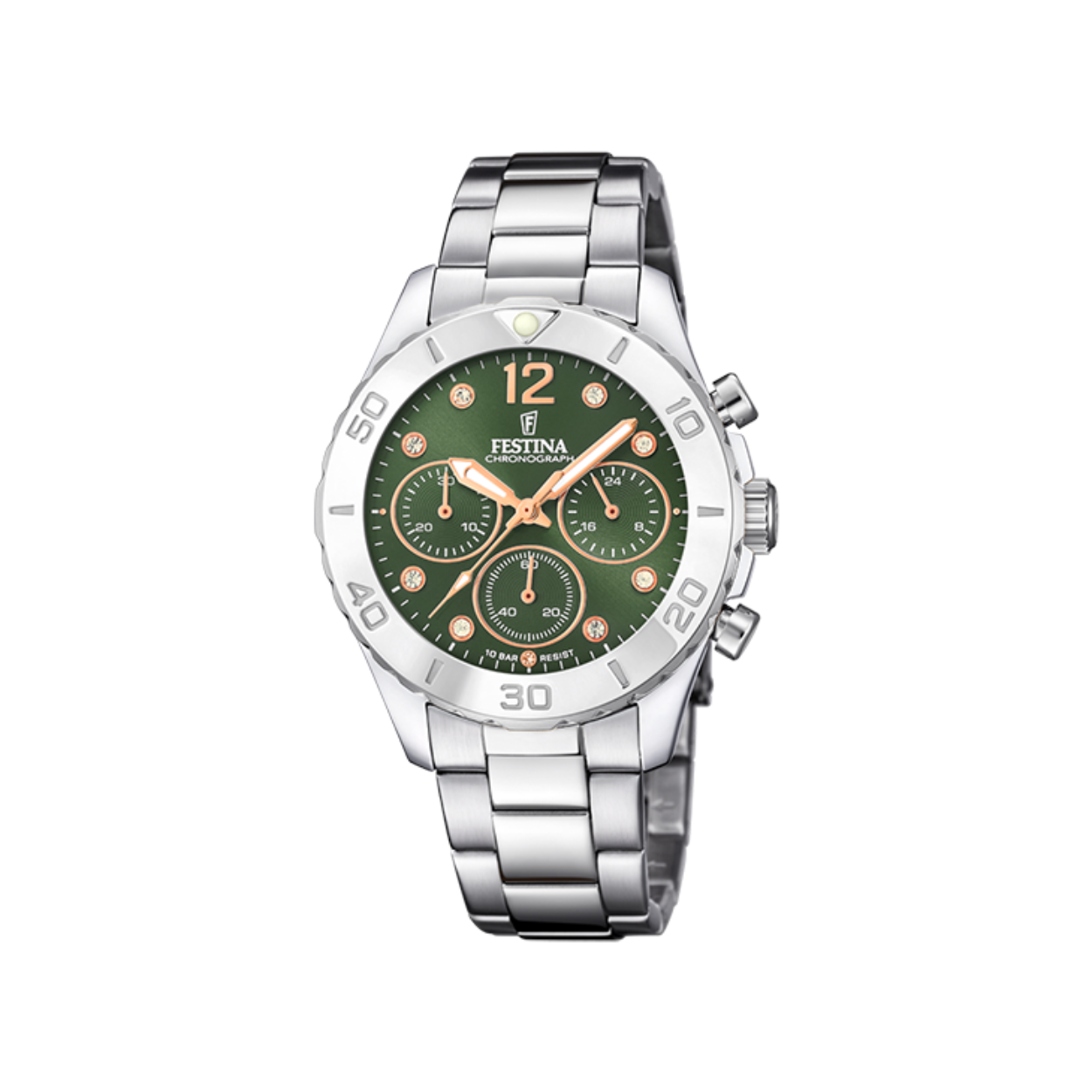Festina dames Horloge uit de serie Boyfriend. Groene wijzerplaat met rosegoud kleurige wijzers.