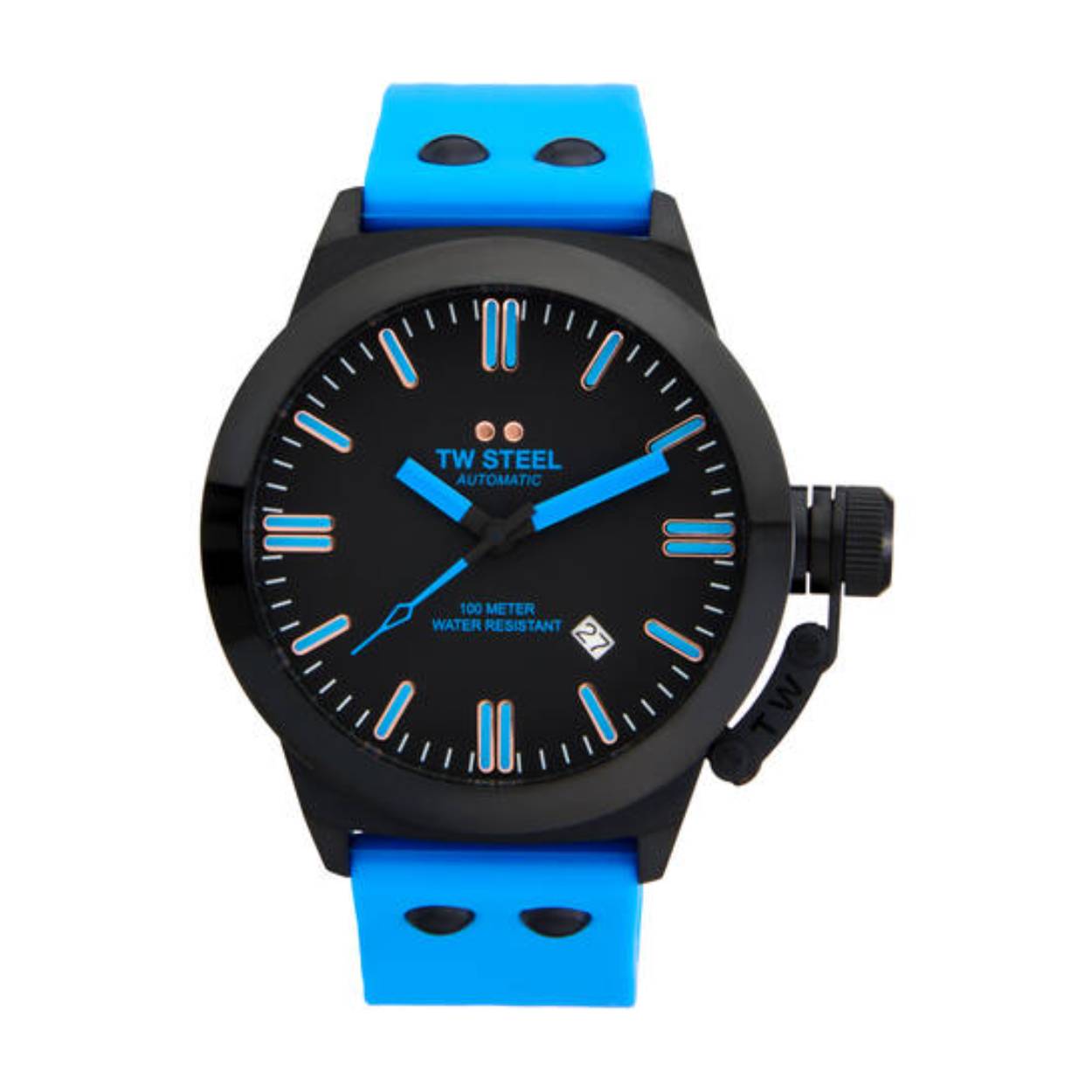 TW Steel TWCS118 Canteen Blue Limited Automaat45mm Deze TW steel uit de Canteen serie met nr TWCS118 wil je zeker aan je collectie toevoegen, juist omdat het een eenmalige oplage is. De TWCS118 valt op door zijn kleurrijke verschijning. Het stoere horloge heeft een zwarte ronde kast met een zwarte wijzerplaat, opvallende blauwe wijzers, blauwe uursaanduiding en een datum. Dit limited edition horloge heeft een automatischuurwerk en loopt op de beweging van de pols. De achterdeksel heeft een gedeelte glas waardoor je het uurwerk ziet bewegen. Aan de stalen kast zit een blauwe siliconen band met gespsluiting. Het horloge heeft een afmeting van 45mm, een gehard mineraal glas, de bekende veldfles schroefkroon, een wereldwijde garantie van 2 jaar en is 10ATM. Een must have. Het Merk: TW Steel is een Nederlands horlogemerk. Groot in visie en ongeëvenaard in stijl. Sinds onze oprichting in 2005 geven wij tijd een nieuwe dimensie. Met karakteristieke designs stappen wij af van de gebaande paden. Ons bereik is wereldwijd, of het nu zakelijk, casual of sportief is, bij de horloge collectie van TW Steel gaat het om kwaliteit en precisie. Een horloge dat je persoonlijkheid onderstreept is altijd binnen handbereik. Vorm en functie gaan samen in onze horloges van Zwitserse top kwaliteit. De kunst om je te onderscheiden vergt zelfvertrouwen en lef. TW Steel is niet zomaar een horloge, TW Steel is een statement. Specificaties: - Ronde kast 45mm - Zwarte wijzerplaat - Blauwe siliconen band - Gehard mineraalglas - Schroefkroon - Automaat- 10ATM