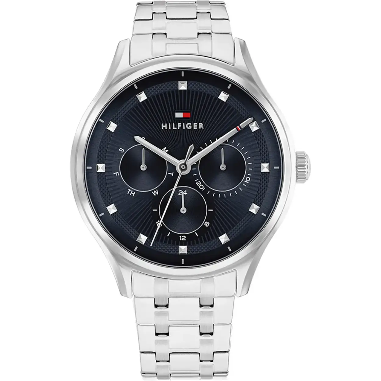 Tommy Hilfiger TH1782749 Horloge Dames Staal Zilverkleurig 38mm
Dit specifieke horloge van Tommy Hilfiger uit de Gianna serie met artikelnr: TH1782749 is een casual horloge die zeker niet in je collectie mag ontbreken. Het stalen dameshorloge heeft een ronde zilverkleurige kast met een gladde bezel. Het horloge heeft een blauwe wijzerplaat met meerdere texturen. Zo heeft het toegepaste piramidemarkeringen, diamantgeslepen ringen rond de subogen en een iconisch streepdetail op de minutenwijzer. Verder is het horloge multifunctioneel, heeft het dag,-datum en 24-uursaanduiding. Het horloge heeft een zilverkleurige verstelbare schakelband, een mineraalglas, een doorsnee van 38mm en is 3ATM.  

Het merk:
Sinds de lancering van het merk in 1985 is Tommy Hilfiger wereldwijd bekend geworden als pionier van de klassieke Amerikaanse coole stijl. Geïnspireerd door de iconische popcultuur en het Amerikaanse erfgoed. De dames en herencollectie van dit seizoen bestaan uit minimalistische silhouetten en rustieke lederen details. De herenhorlogecollectie biedt iconische uurwerken met roestvrijstalen, lederen en siliconen banden.

Specificaties:
- Mineraalglas
- Ronde kast 38mm
- Zilverkleurige horlogekast
- Blauwe wijzerplaat
- Zilverkleurige schakelband
- Multifunctioneel
- 3ATM