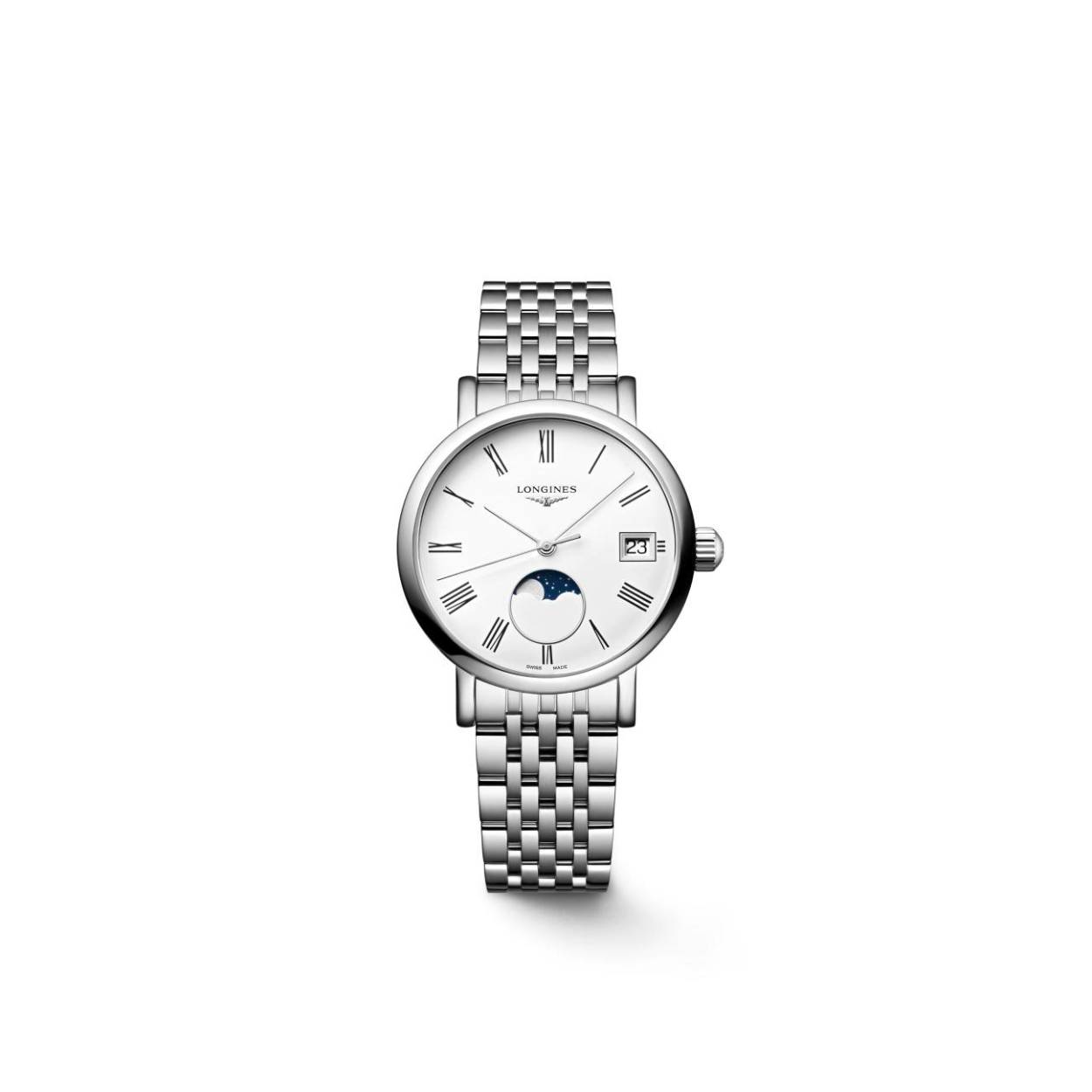 Dit Longines horloge behoort tot de Elegant collectie.
Referentienummer: L4.330.4.11.6

Dit Longines Elegant horloge is uitgerust met een quartz uurwerk. De kast en band zijn gemaakt van roestvrij staal. Het horloge heeft een diameter van 30 MM en is getest op een waterdichtheid van 3 ATM / 30 M. De witte wijzerplaat is voorzien van romeinse cijfers en een elegante maanfase op 6-uur. Het horloge heeft een krasvrij saffierglas met anti-reflectieve coating aan beide zijden.