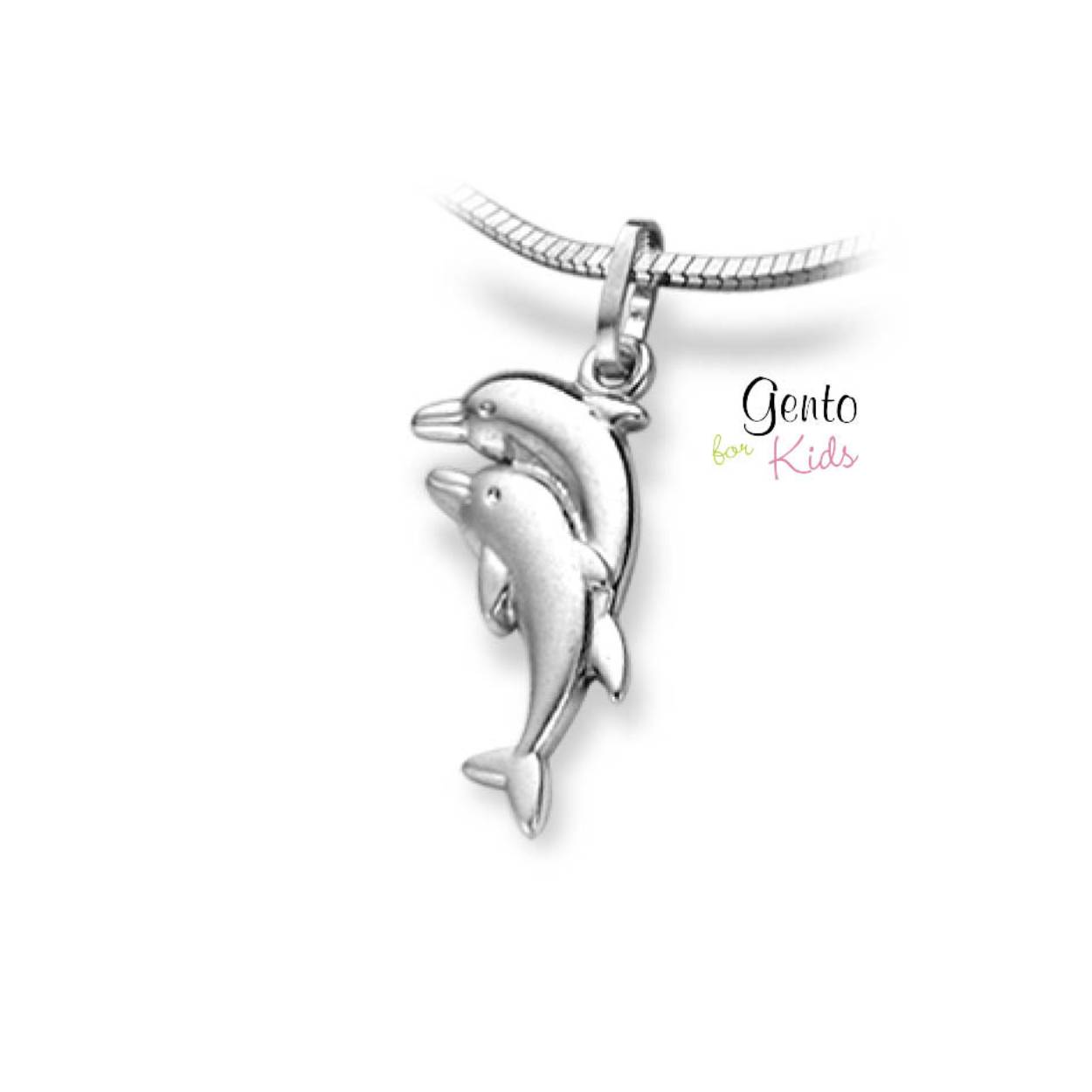 Zilveren ketting (36 cm) met hanger '2 dolfijnen'
Bijhorende oorbellen ook verkrijgbaar