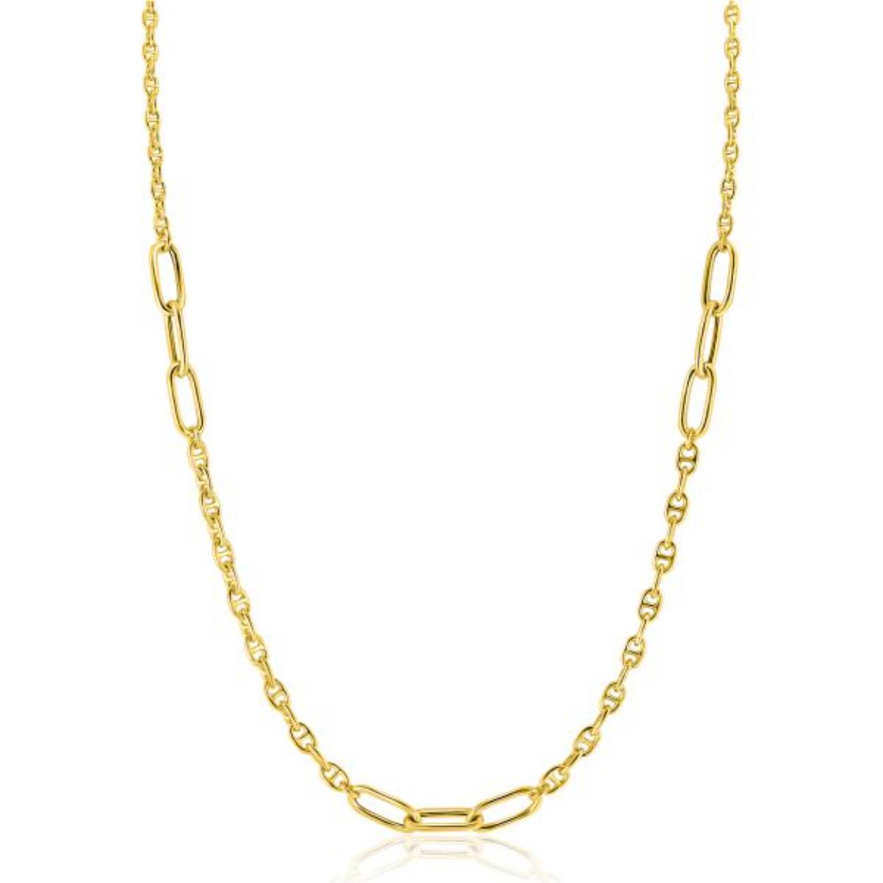 ZINZI gold plated zilveren marine schakel ketting, gecombineerd met grotere ovale schakels. De ovale schakels zijn 4,5mm breed. De lengte is te variëren tussen 42 en 45cm. Bij sluiting herkenbaar ZINZI, door het zilveren Zinzi hartje. Vervaardigd van eerste gehalte zilver (925) en voorzien van een extra rodiumlaag voor een langdurige glans.