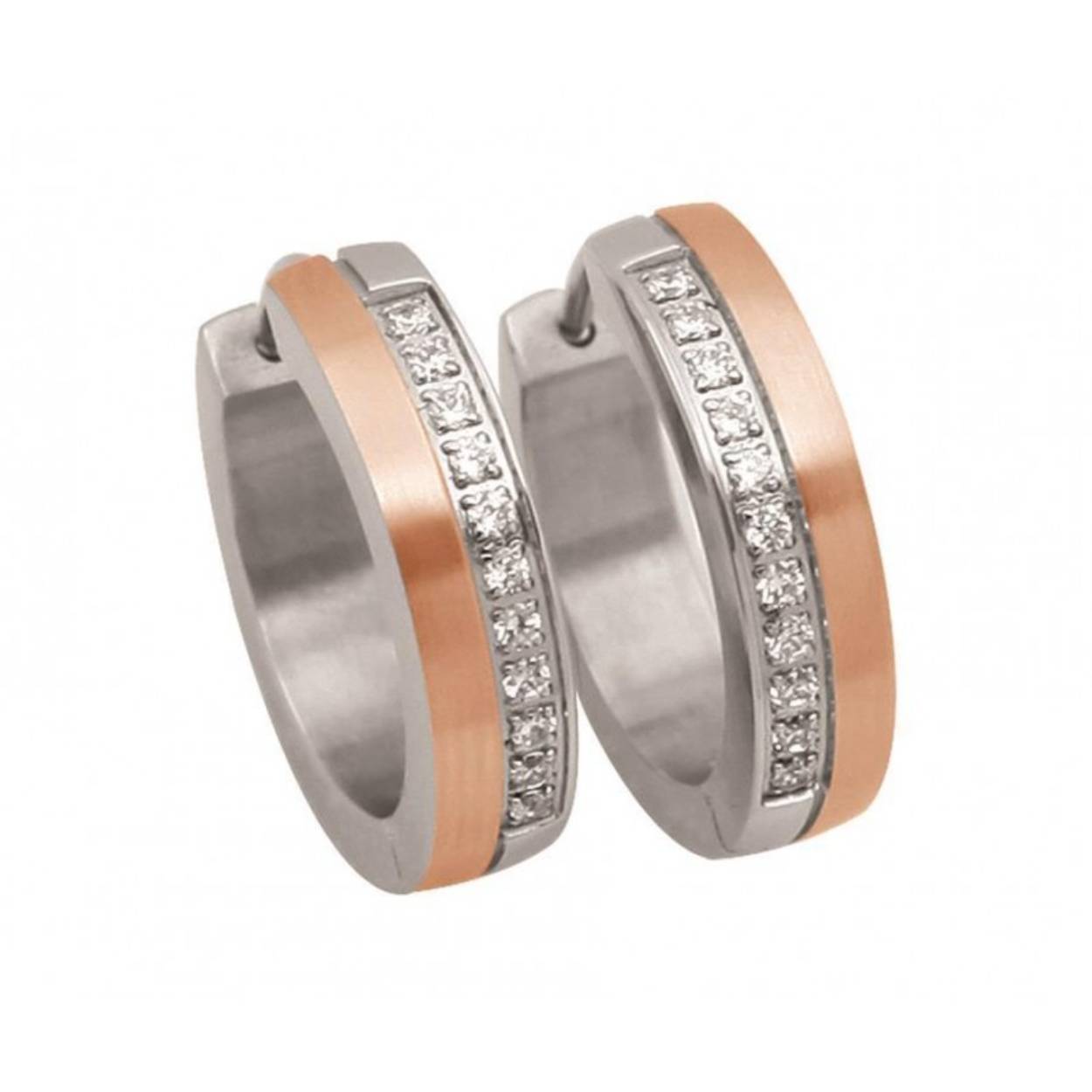 Stalen creolen met rosékleurige baan, in het staalkleur zit een baan zirkonia’s, 17 x 4 mm.