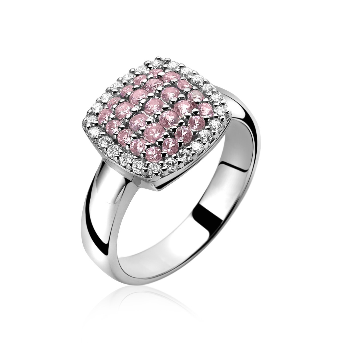 ZINZI zilveren vierkante ring bezet met roze zirconia's en omringd door witte zirconia's. Combineer de ring met de hanger en oorhangers uit dezelfde collectie en geef zo jou outfit een complete look.