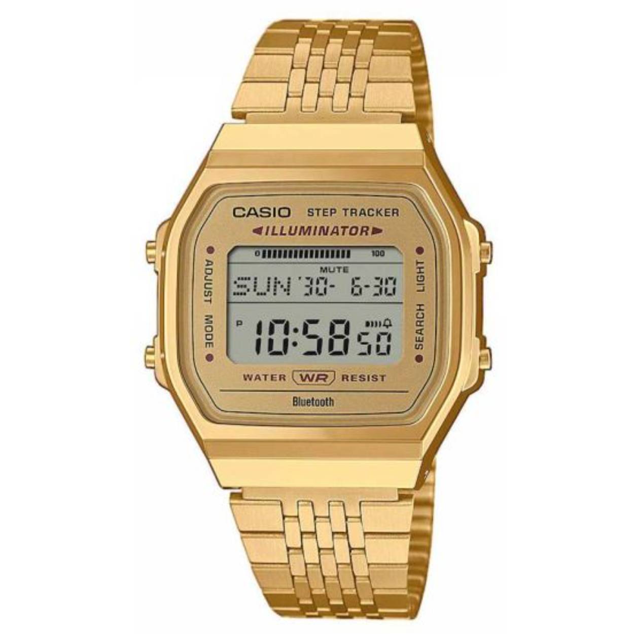 Vintage mode en moderne functionaliteit zorgen voor retrostyling met moderne functies.

De eenvoudige kast is een klassiek ontwerp met een look-back-vibe en vormt een aanvulling op de metalen armband met meerdere rijen en een platte constructie voor een comfortabele pasvorm.

Maar laat de vintage look je niet voor de gek houden. Het horloge zit boordevol superhandige technologie om je gezondheidsbewuste levensstijl te ondersteunen. 

De ingebouwde sensor detecteert lichaamsbewegingen en telt automatisch de stappen. Controleer eenvoudig het aantal stappen dat je die dag hebt gezet op het lcd-scherm. Met de smartphone-koppeling via Bluetooth® wordt de tijd automatisch gecorrigeerd en kunnen verschillende horlogefuncties van de app eenvoudig worden geconfigureerd. Zet het aantal stappen en andere gegevens die op het horloge worden bijgehouden over en bekijk deze op je telefoon. Gebruik het logboek met leefgegevens om je gezondheid elke dag te beheren.