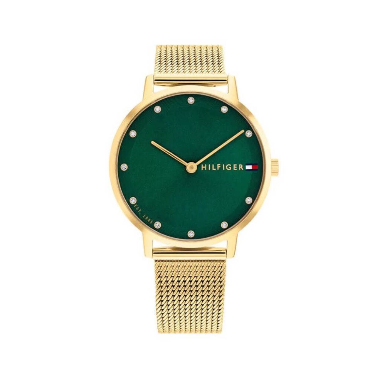 Tommy Hilfiger TH1782668 Horloge Dames Staal Goudkleurig 34mm
Dit specifieke horloge van Tommy Hilfiger uit de Pippa serie met artikelnr: TH1782668 is een chic dameshorloge die zeker in je collectie past. Het stalen dameshorloge heeft een ronde goudkleurige kast met een fijne bezel met op de groene wijzerplaat als uursaanduiding kristallen en goudkleurige wijzers en accenten. De goudkleurige milanese band is op lengte verstelbaar en heeft een klepsluiting. Het horloge heeft een mineraalglas, een doorsnee van 34mm en is 3ATM. 

Het merk:
Sinds de lancering van het merk in 1985 is Tommy Hilfiger wereldwijd bekend geworden als pionier van de klassieke Amerikaanse coole stijl. Geïnspireerd door de iconische popcultuur en het Amerikaanse erfgoed. De dames en herencollectie van dit seizoen bestaan uit minimalistische silhouetten en rustieke lederen details. De herenhorlogecollectie biedt iconische uurwerken met roestvrijstalen, lederen en siliconen banden.

Specificaties:
- Mineraalglas
- Ronde kast 34mm
- Goudkleurige horlogekast
- Groene wijzerplaat
- Goudkleurige milanese band 
- 3ATM