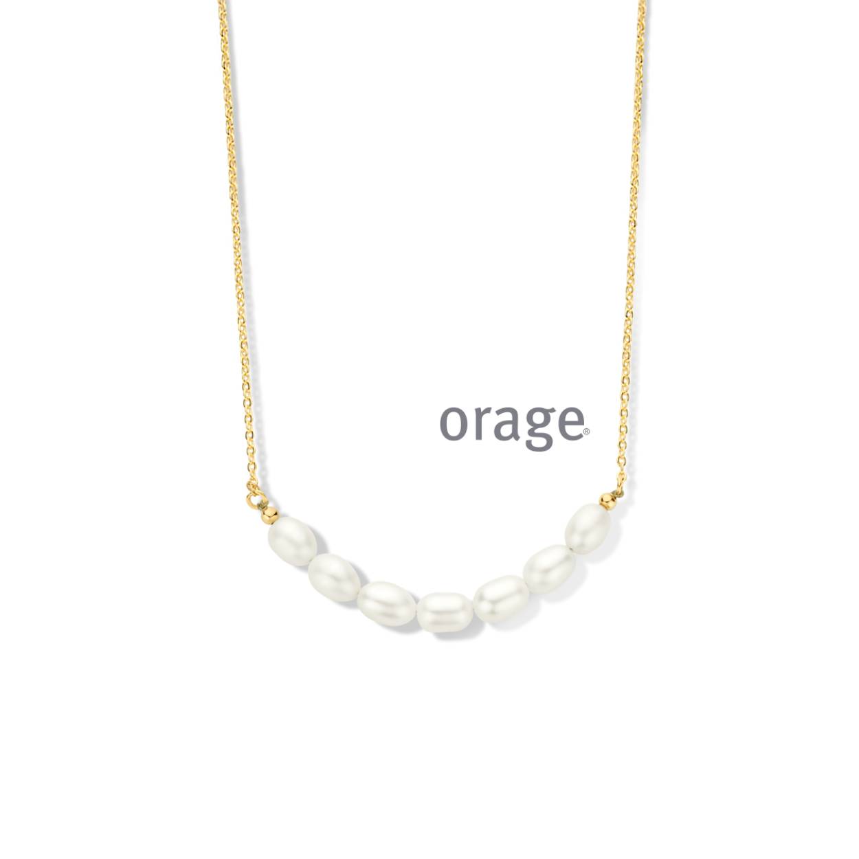 Goudkleurige collier (40 + 5 cm) met zoetwaterparels van het merk Orage
Materiaal: 925 zilver, verguld / zoetwaterparels
Bijhorende oorbellen ook verkrijgbaar