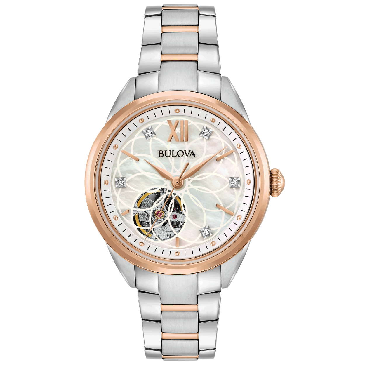 Uit de Diamonds-collectie voor dames. Nieuwe automaat in roestvrij staal en roségoudkleurige accenten met 5 diamanten die individueel met de hand zijn gezet op een witte parelmoeren wijzerplaat met open opening, tentoonstellingsdeksel, automatisch hartslaguurwerk met 40 uur gangreserve, gewelfd saffierkristal, twee- roségouden en roestvrijstalen armband met dubbele druksluiting en waterdichtheid tot 30 meter.