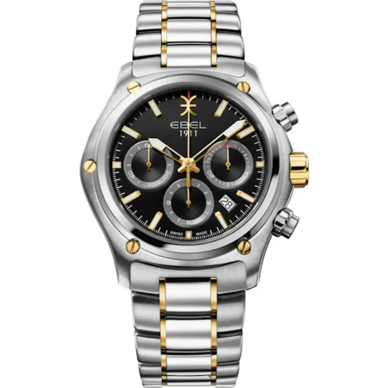 De Ebel 1911 Chronograph 1216619 is een luxe horloge met Zwitsers automatisch uurwerk, waterbestendigheid tot 10 ATM, en saffierglas. De goud-zilvergekleurde roestvrijstalen behuizing en band, met een zwarte wijzerplaat, maakt het een perfecte keuze voor formele en zakelijke gelegenheden. Draag het comfortabel om de pols tijdens belangrijke vergaderingen of speciale evenementen.