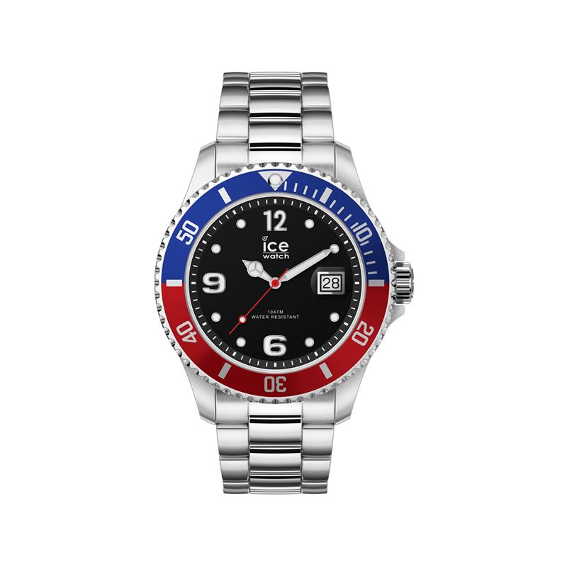 Ice-Watch ICE steel -IW016545 Dit Ice-Watch horloge komt uit de ICE steel collectie. Dit horloge is voor zowel dames als heren te dragen. Het horloge heeft een kastdiameter van 40 mm en is voorzien van een datumaanduiding. HET MERK Ice-Watch bestaat al sinds 2007 en heeft als motto """"Change. You can"""". De horloges worden in verschillende kleuren - van transparant tot fluorescerend - uitgevoerd. Dit zorgt ervoor dat er een Ice-Watch is voor elke smaak, stijl en elke look waardoor je zo vaak van Ice-Watch kunt wisselen zoals je wilt. SPECIFICATIES - Mineraal glas - Diameter horlogekast 40 mm - Zilverkleurige horlogekast met blauw/rode bezel - Zwarte wijzerplaat - Zilverkleurige stalen horlogeband - 10 ATM (Zwemmen en snorkelen)