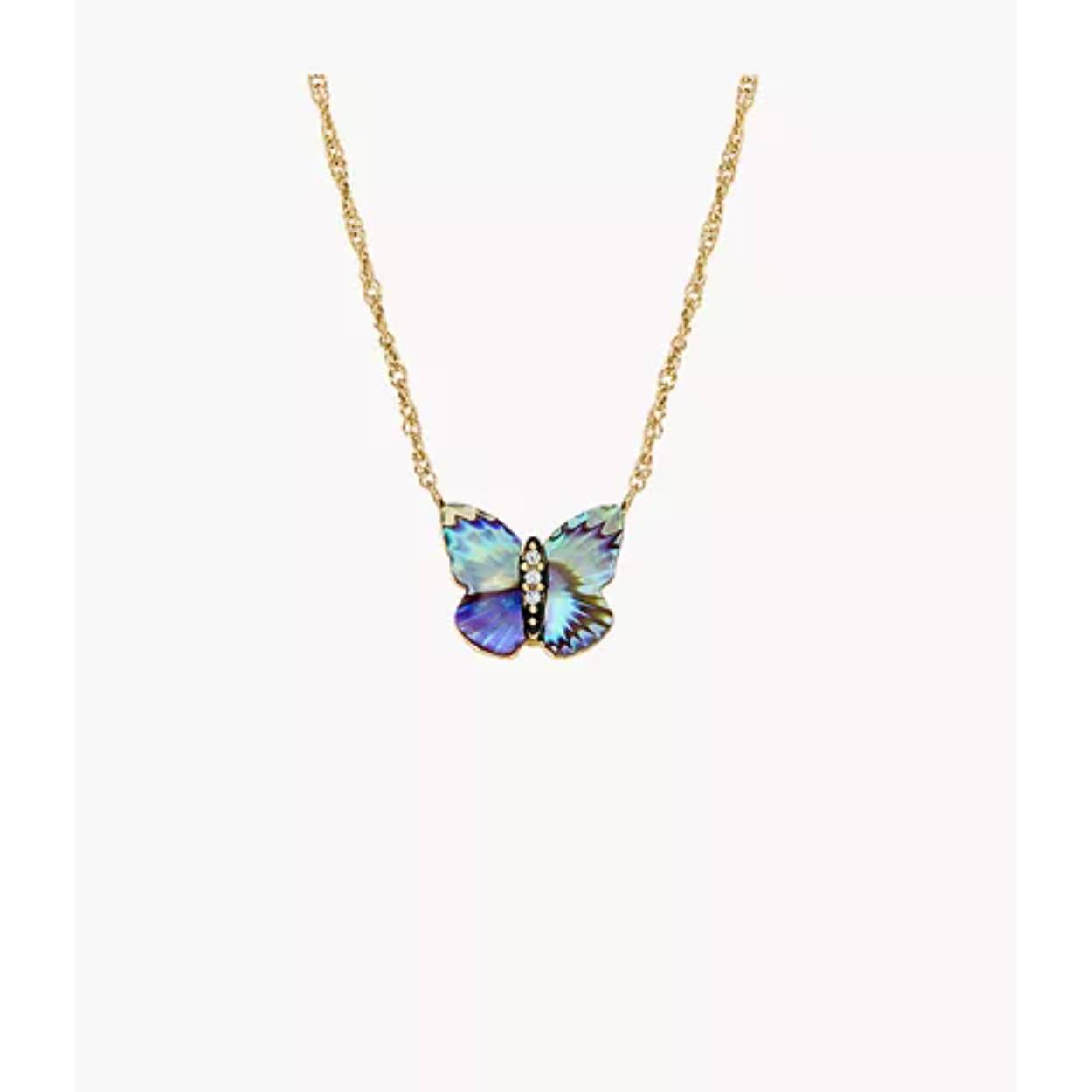 Symbolizing confidence and transformation, this beautiful necklace features an elegant butterfly crafted from genuine abalone shell with a textured finish and clear crystals on a gold-tone stainless steel chain.